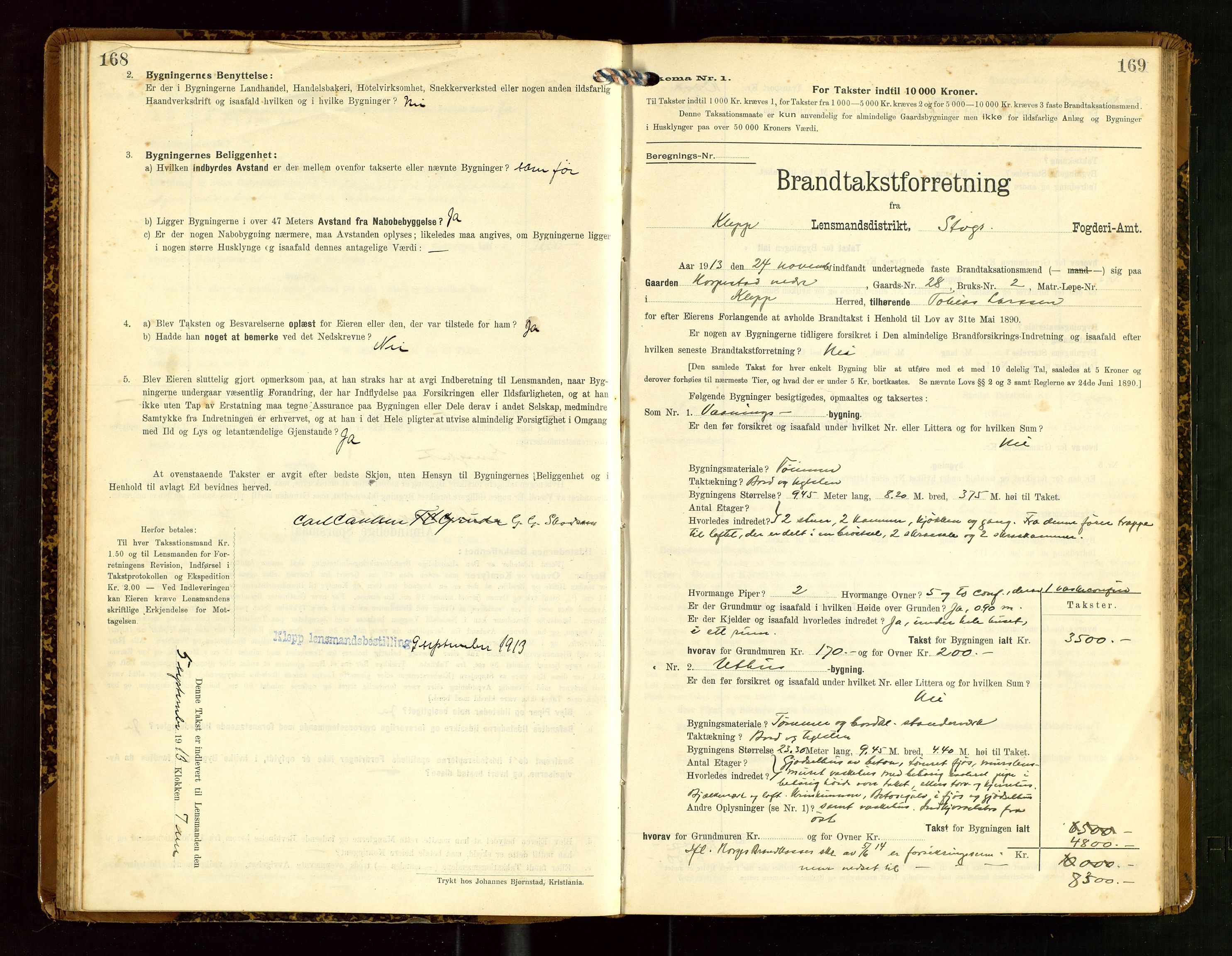 Klepp lensmannskontor, AV/SAST-A-100163/Goc/L0007: "Brandtaxationsprotokol" m/register, 1911-1915, p. 168-169