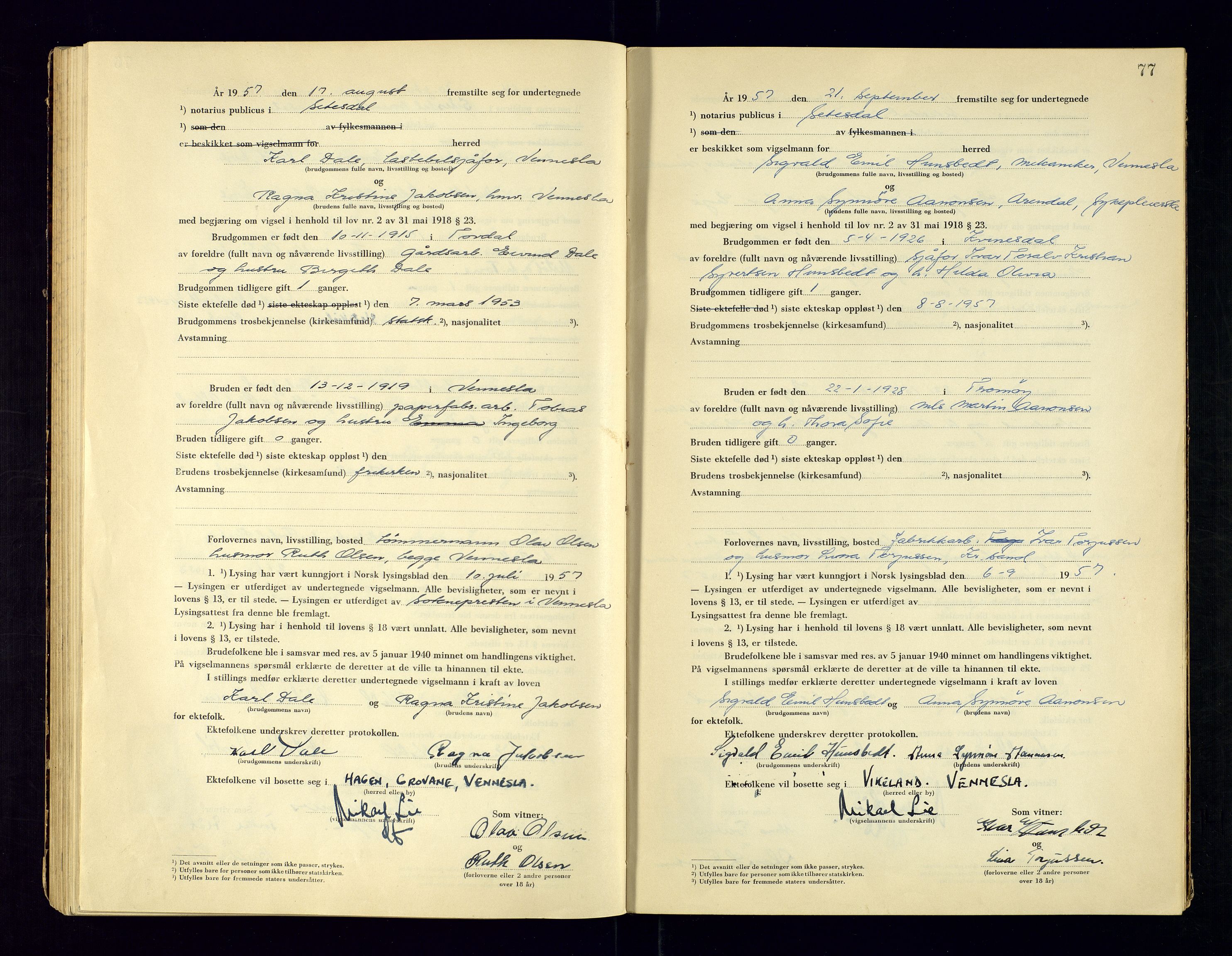Setesdal  sorenskriveri - 2, AV/SAK-1221-0111/I/Ia/L0001/0002: Lysninger og vigsel / Vigselsbok, 1941-1962, p. 77