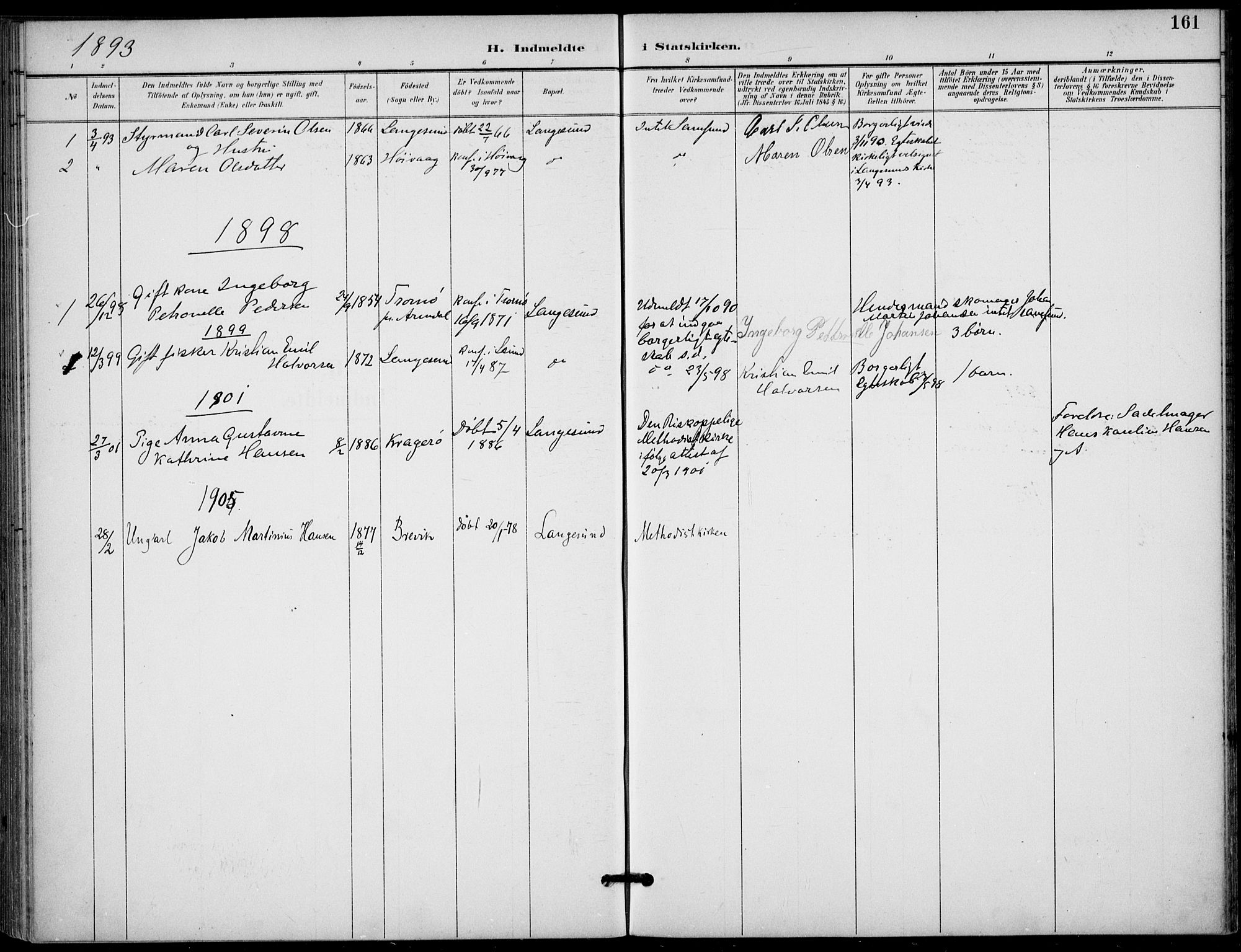 Langesund kirkebøker, SAKO/A-280/F/Fa/L0003: Parish register (official) no. 3, 1893-1907, p. 161