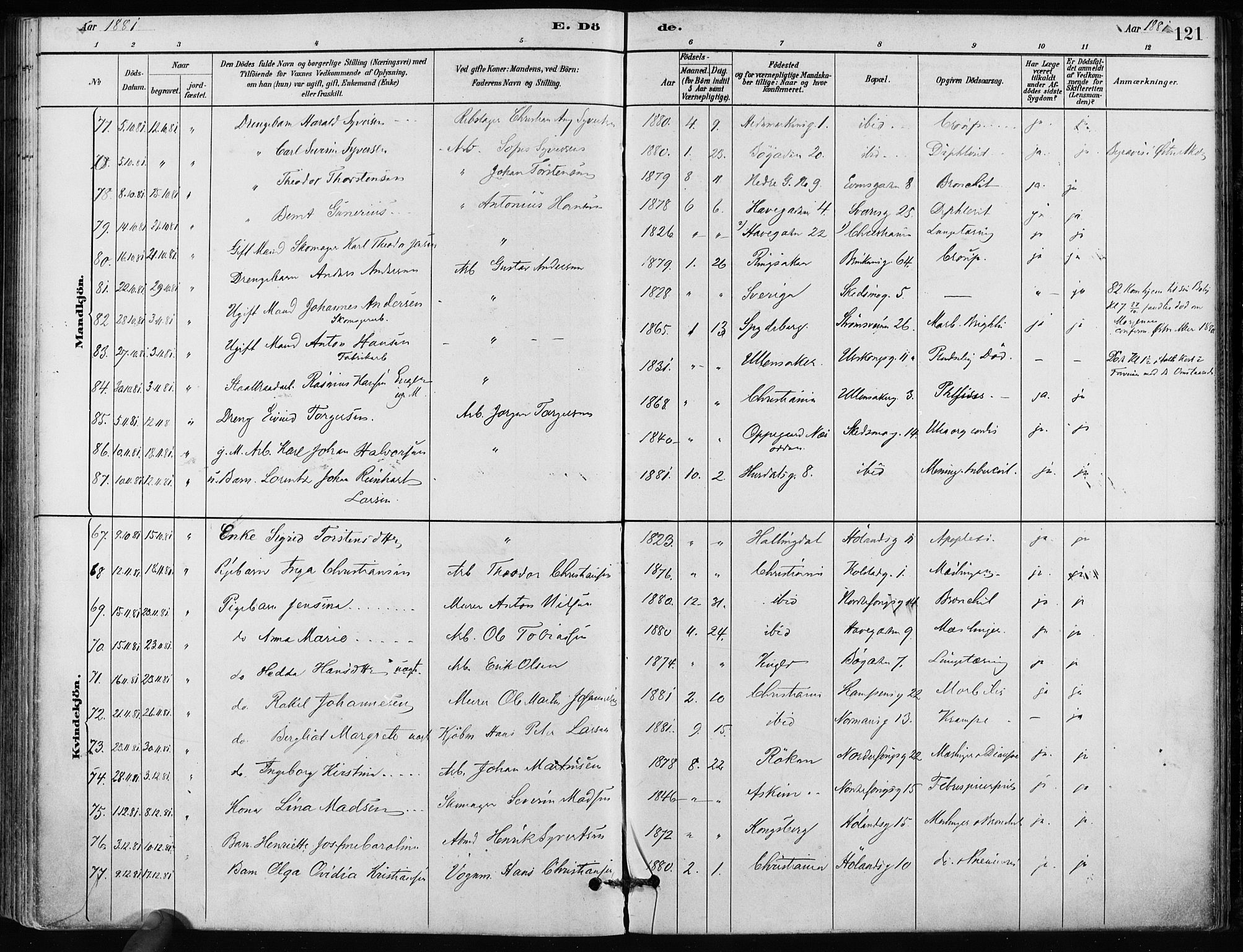 Kampen prestekontor Kirkebøker, AV/SAO-A-10853/F/Fa/L0002: Parish register (official) no. I 2, 1880-1888, p. 121