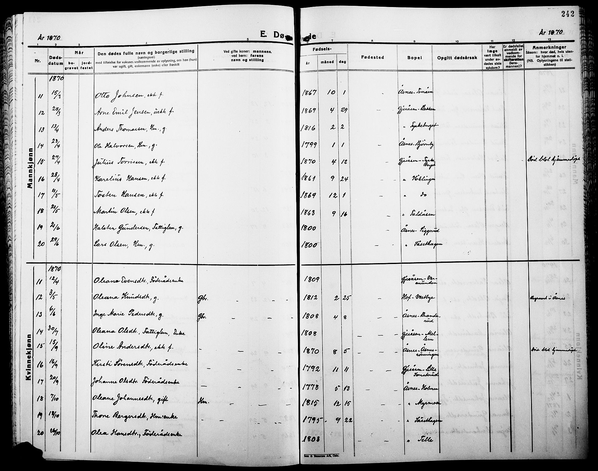 Åsnes prestekontor, AV/SAH-PREST-042/H/Ha/Haa/L0000B: Parish register (official), 1870-1889, p. 242