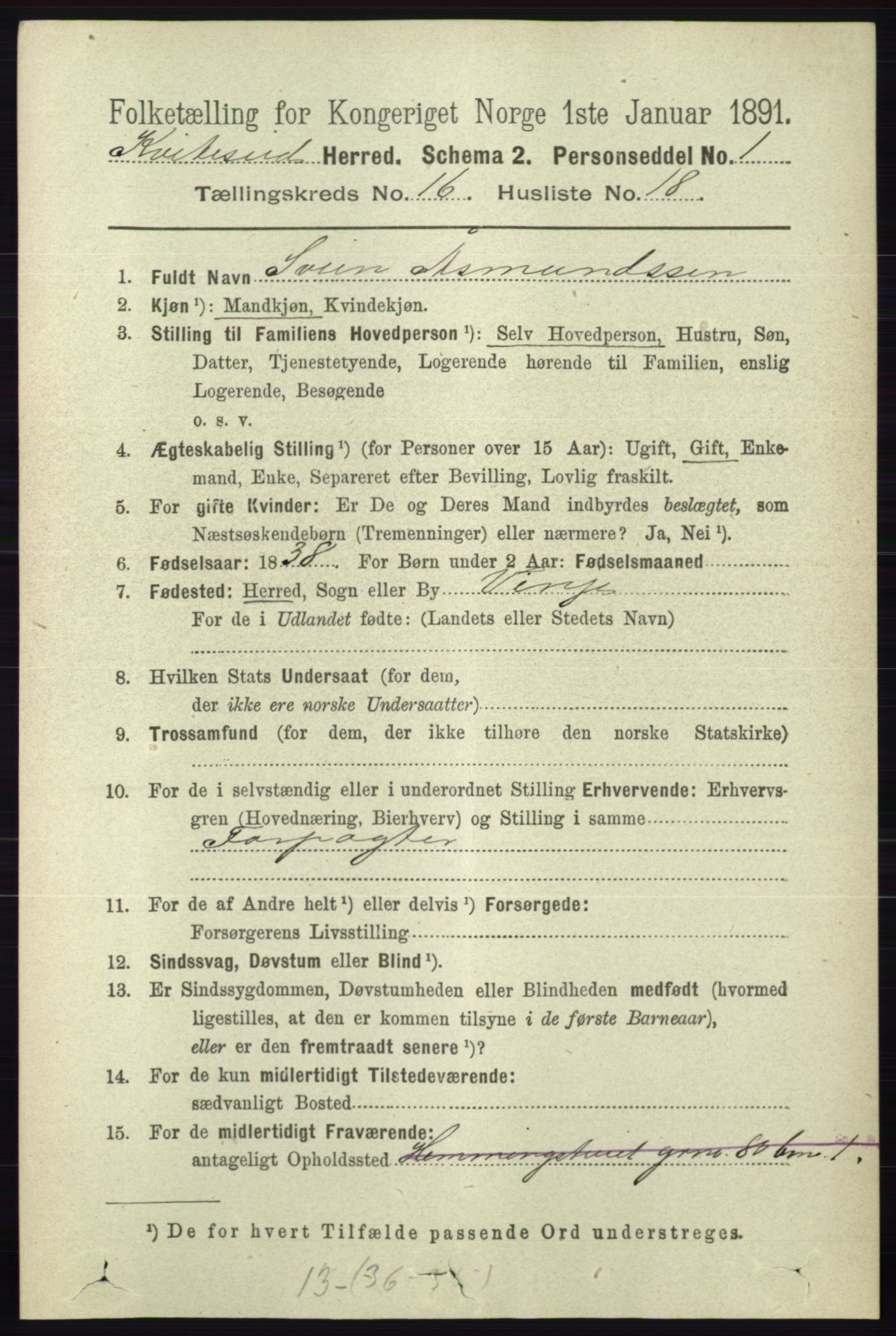 RA, 1891 census for 0829 Kviteseid, 1891, p. 3741