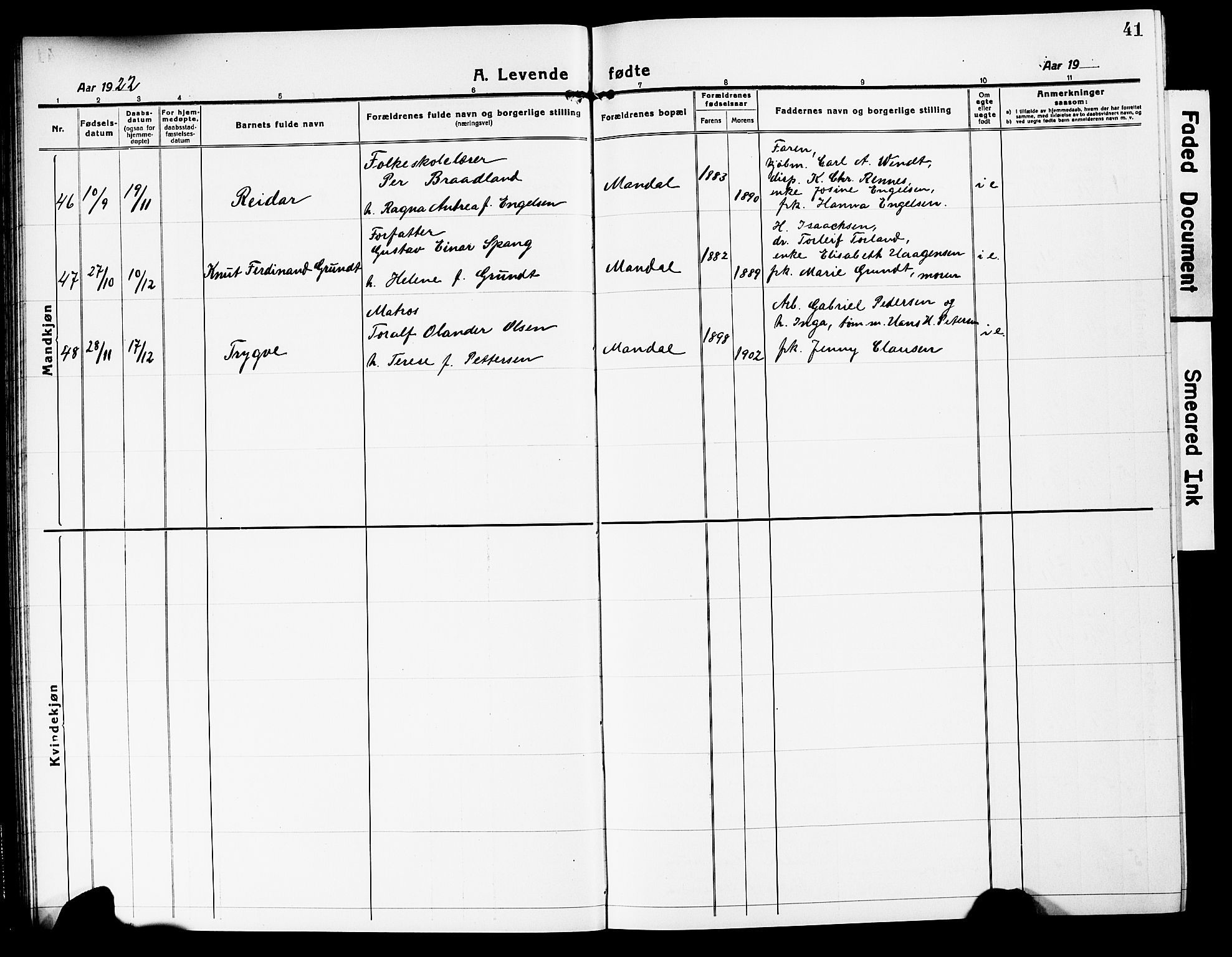 Mandal sokneprestkontor, AV/SAK-1111-0030/F/Fb/Fbc/L0001: Parish register (copy) no. B 1, 1918-1931, p. 41