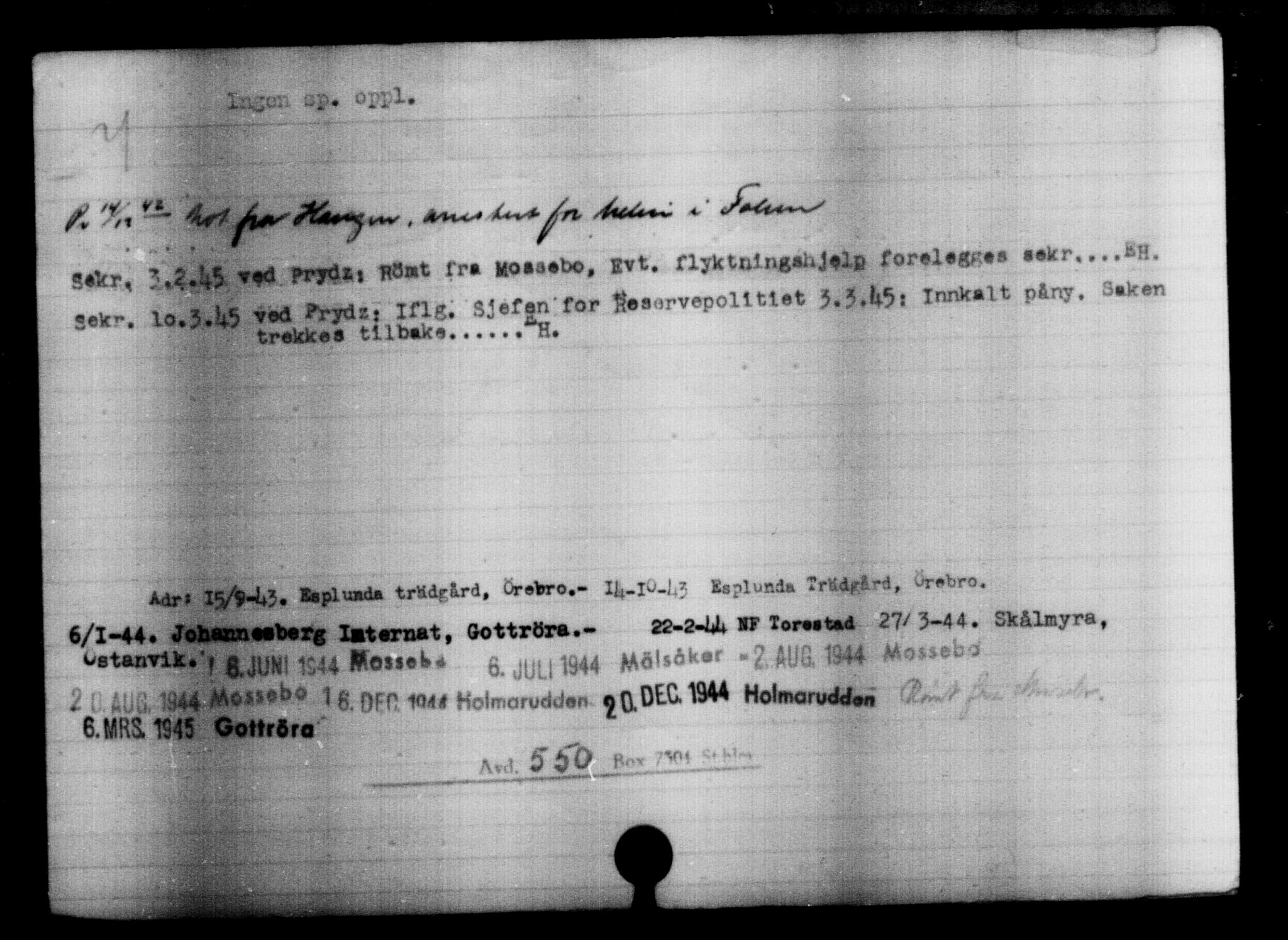 Utenriksstasjonene, Legasjonen i Stockholm, Flyktningkontoret, AV/RA-S-6753/V/Va/L0004: Kjesäterkartoteket, flyktninger med registreringsnr. 3496-6610, 1940-1945, p. 2451