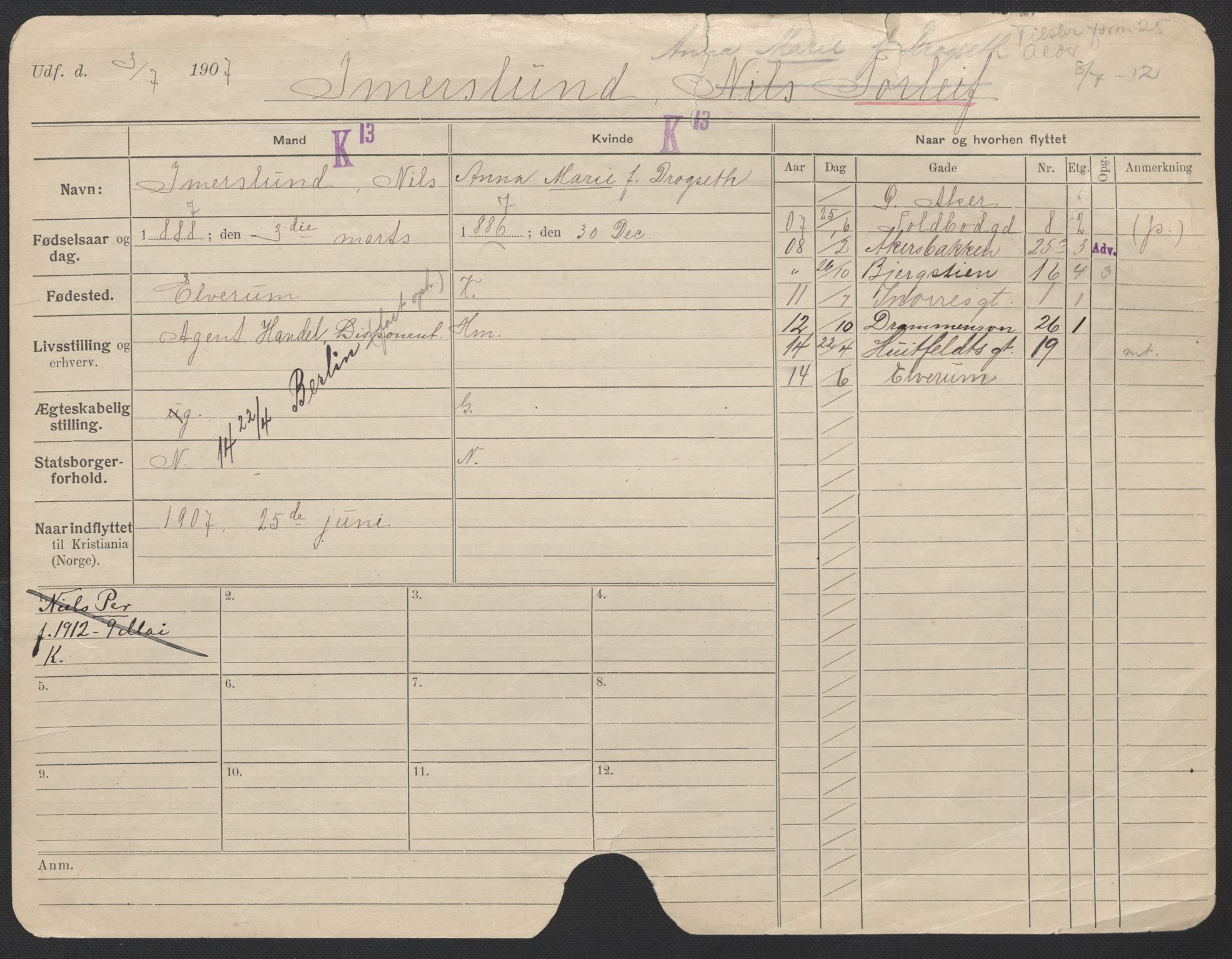 Oslo folkeregister, Registerkort, AV/SAO-A-11715/F/Fa/Fac/L0017: Kvinner, 1906-1914, p. 22a