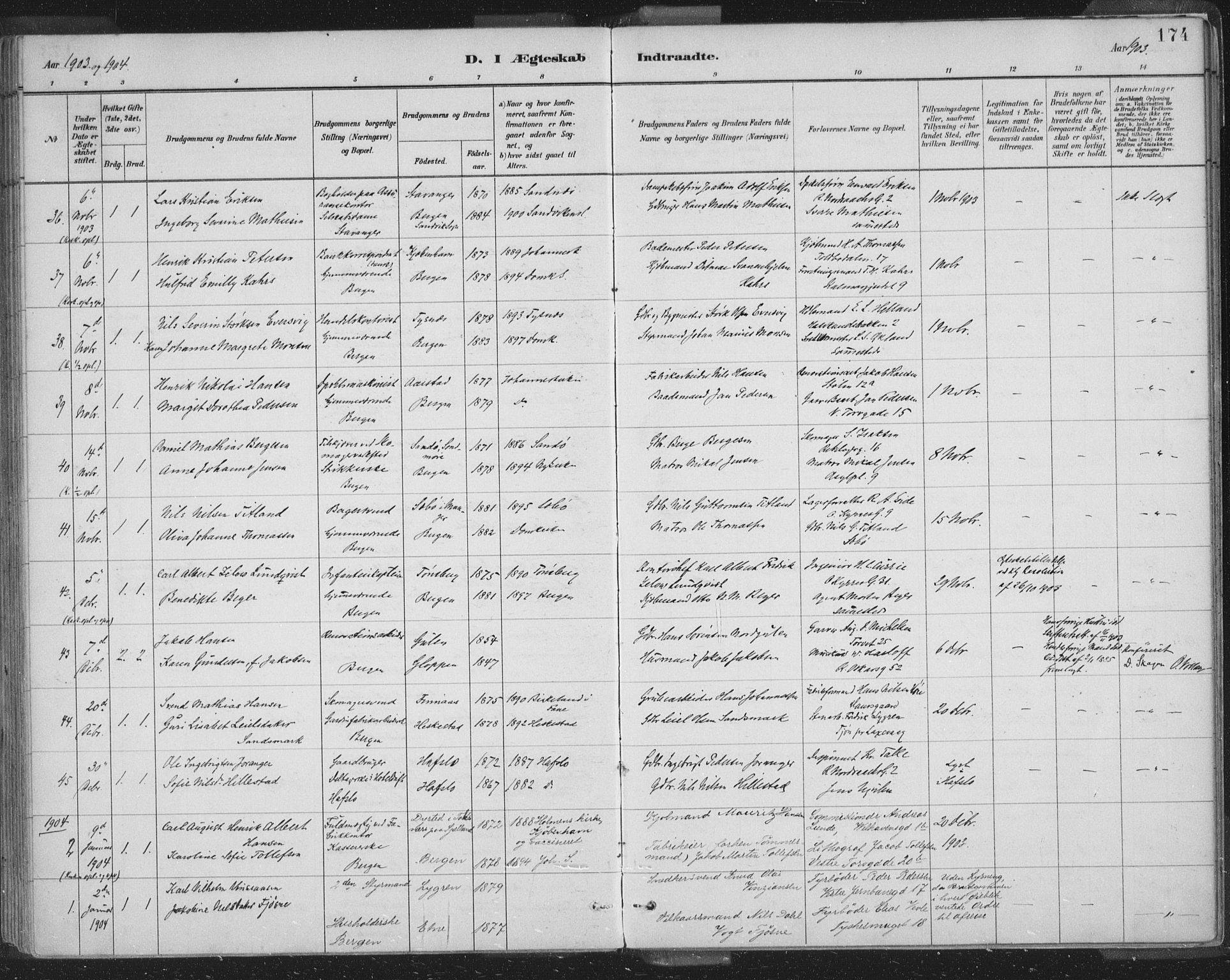 Domkirken sokneprestembete, SAB/A-74801/H/Hab/L0032: Parish register (copy) no. D 4, 1880-1907, p. 174