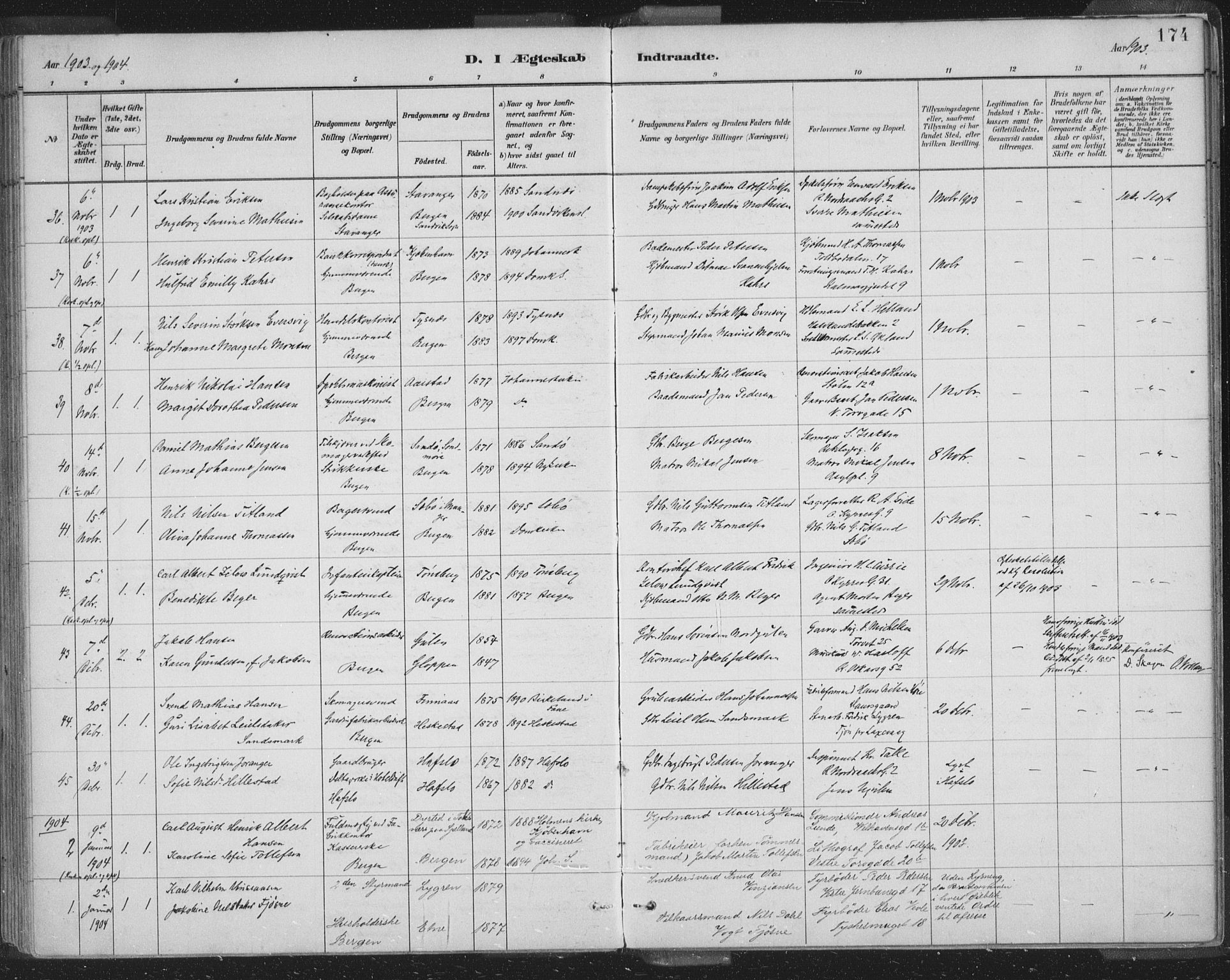 Domkirken sokneprestembete, AV/SAB-A-74801/H/Hab/L0032: Parish register (copy) no. D 4, 1880-1907, p. 174