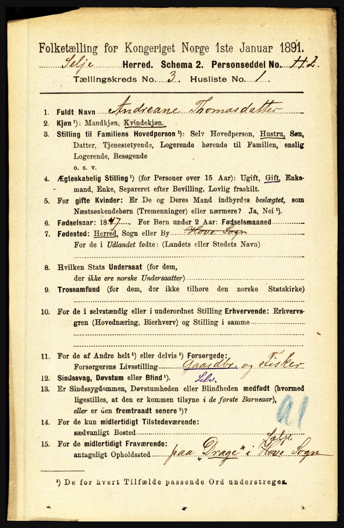 RA, 1891 census for 1441 Selje, 1891, p. 638