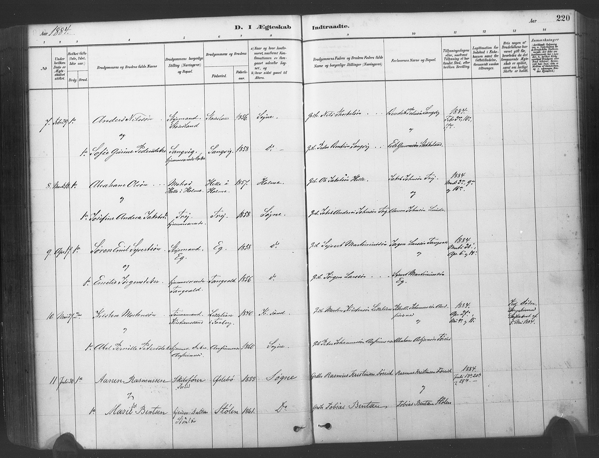 Søgne sokneprestkontor, AV/SAK-1111-0037/F/Fa/Fab/L0012: Parish register (official) no. A 12, 1880-1891, p. 220