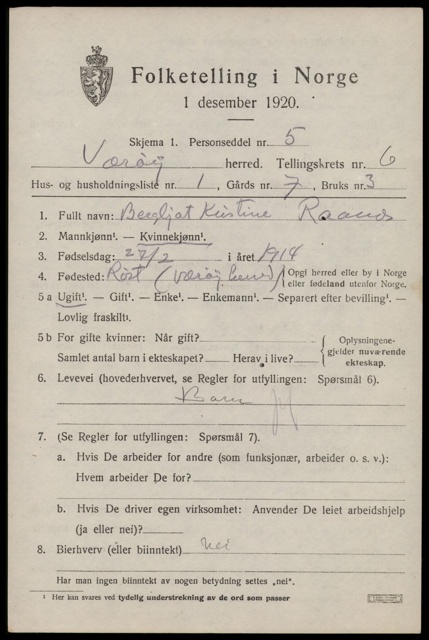 SAT, 1920 census for Værøy, 1920, p. 3653