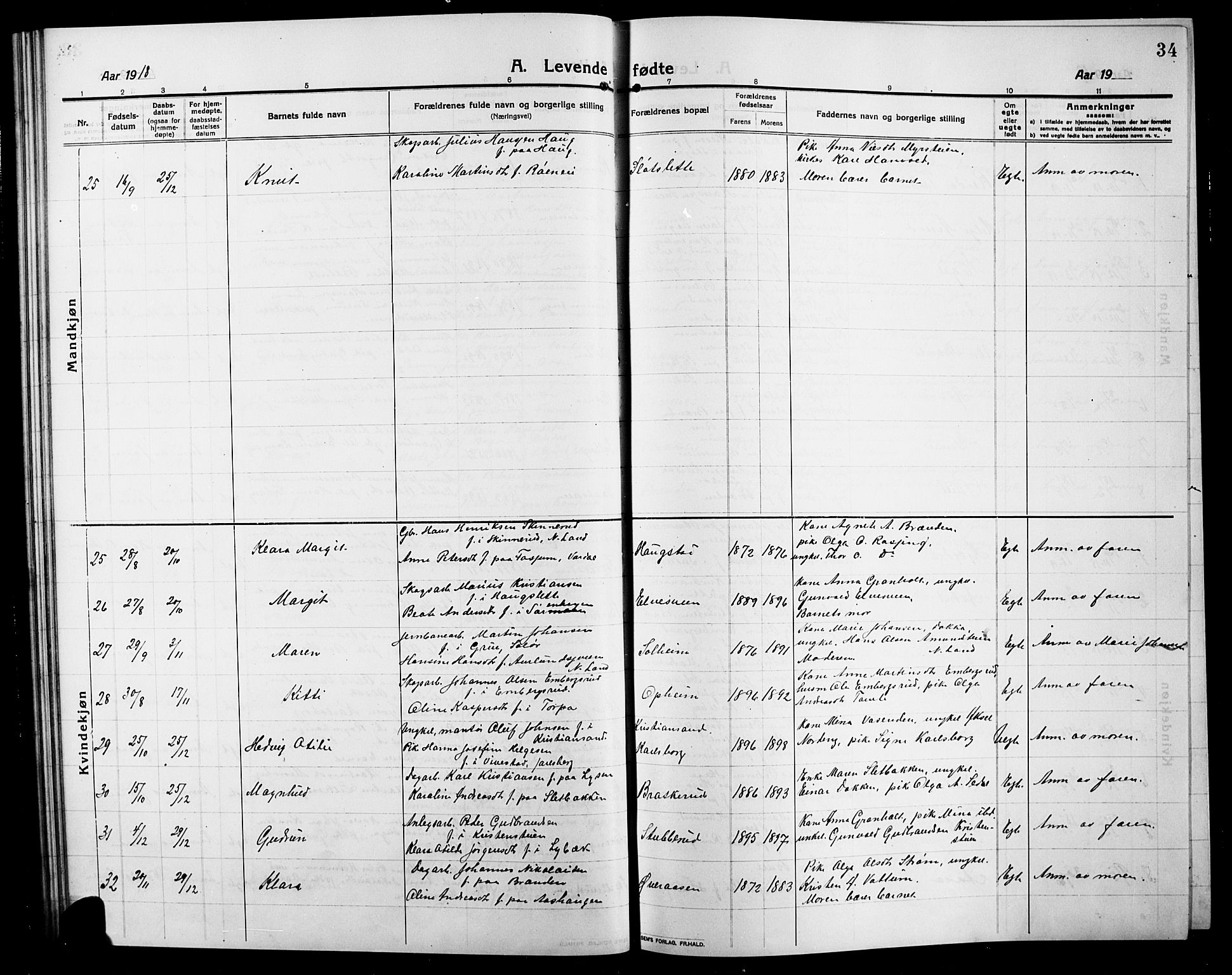 Søndre Land prestekontor, SAH/PREST-122/L/L0006: Parish register (copy) no. 6, 1912-1925, p. 34