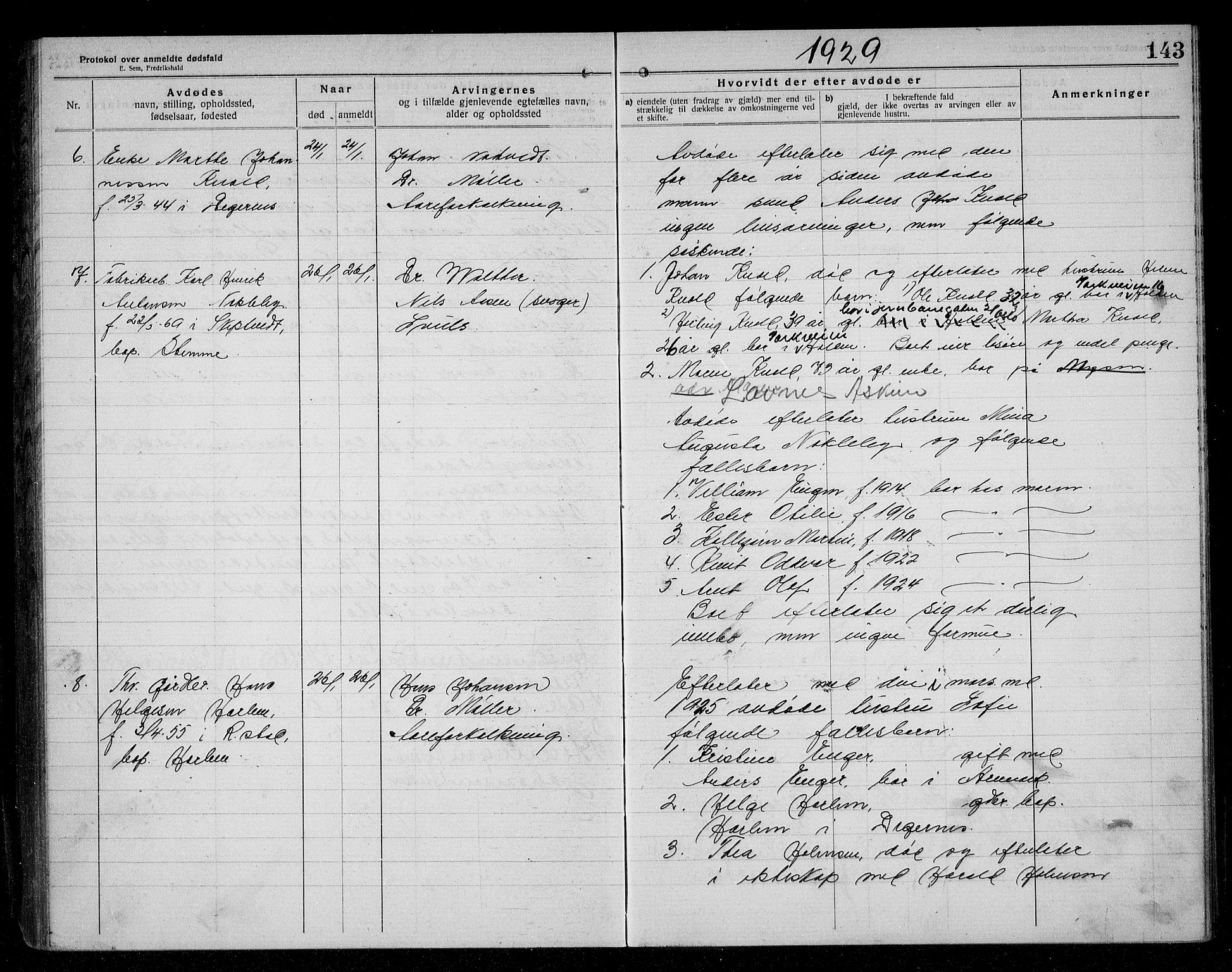 Rakkestad lensmannskontor, AV/SAO-A-10004/H/Ha/Haa/L0004: Dødsanmeldelsesprotokoll, 1920-1931, p. 143