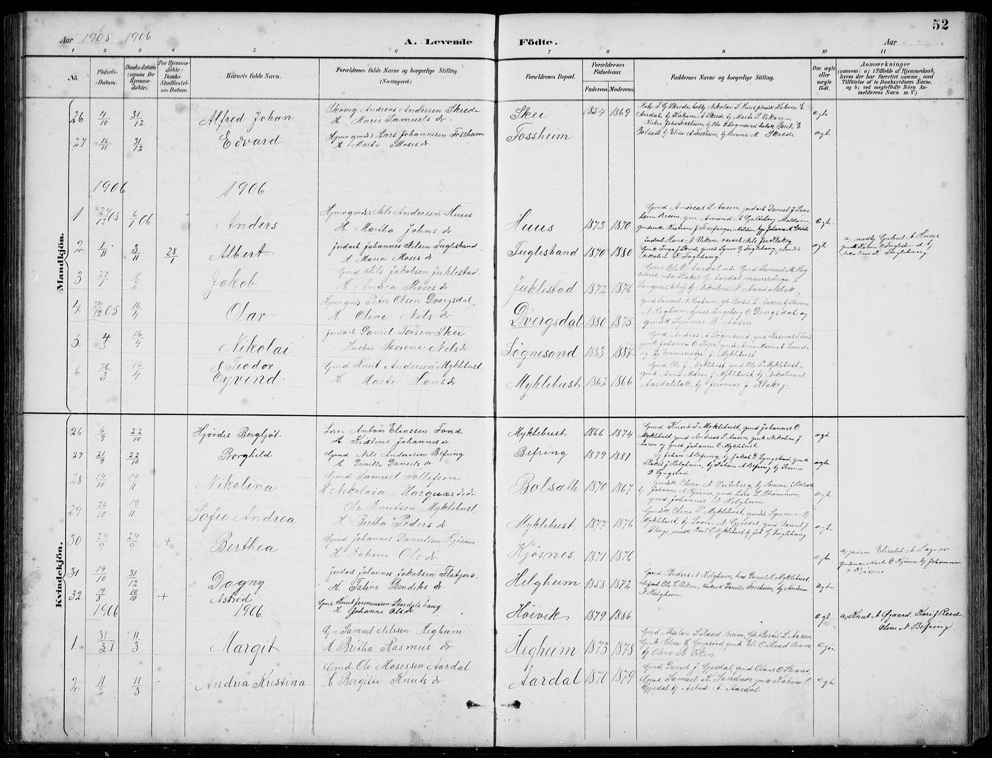 Jølster sokneprestembete, SAB/A-80701/H/Hab/Habb/L0002: Parish register (copy) no. B 2, 1887-1920, p. 52