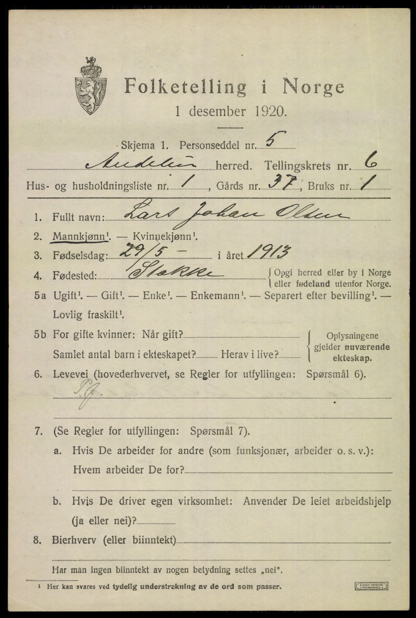 SAKO, 1920 census for Andebu, 1920, p. 2858