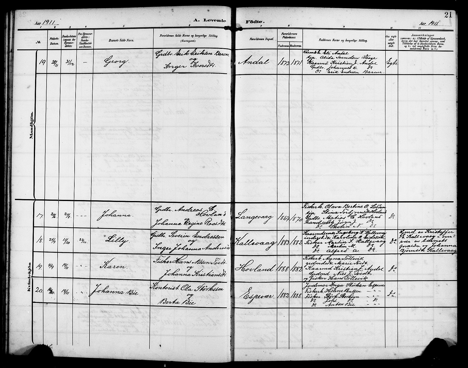 Finnås sokneprestembete, AV/SAB-A-99925/H/Ha/Hab/Habc/L0003: Parish register (copy) no. C 3, 1907-1917, p. 21