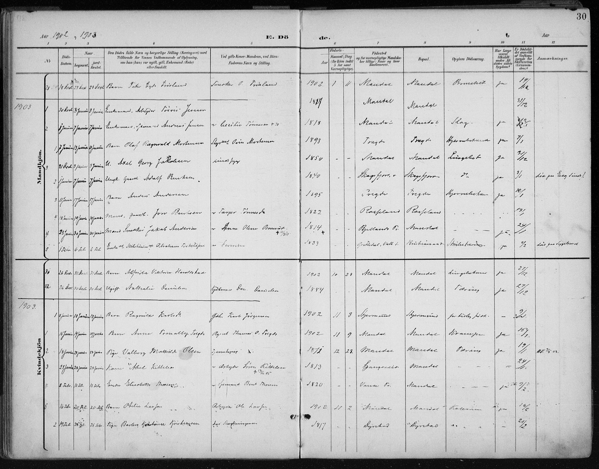 Mandal sokneprestkontor, AV/SAK-1111-0030/F/Fa/Faa/L0021: Parish register (official) no. A 21, 1898-1913, p. 30