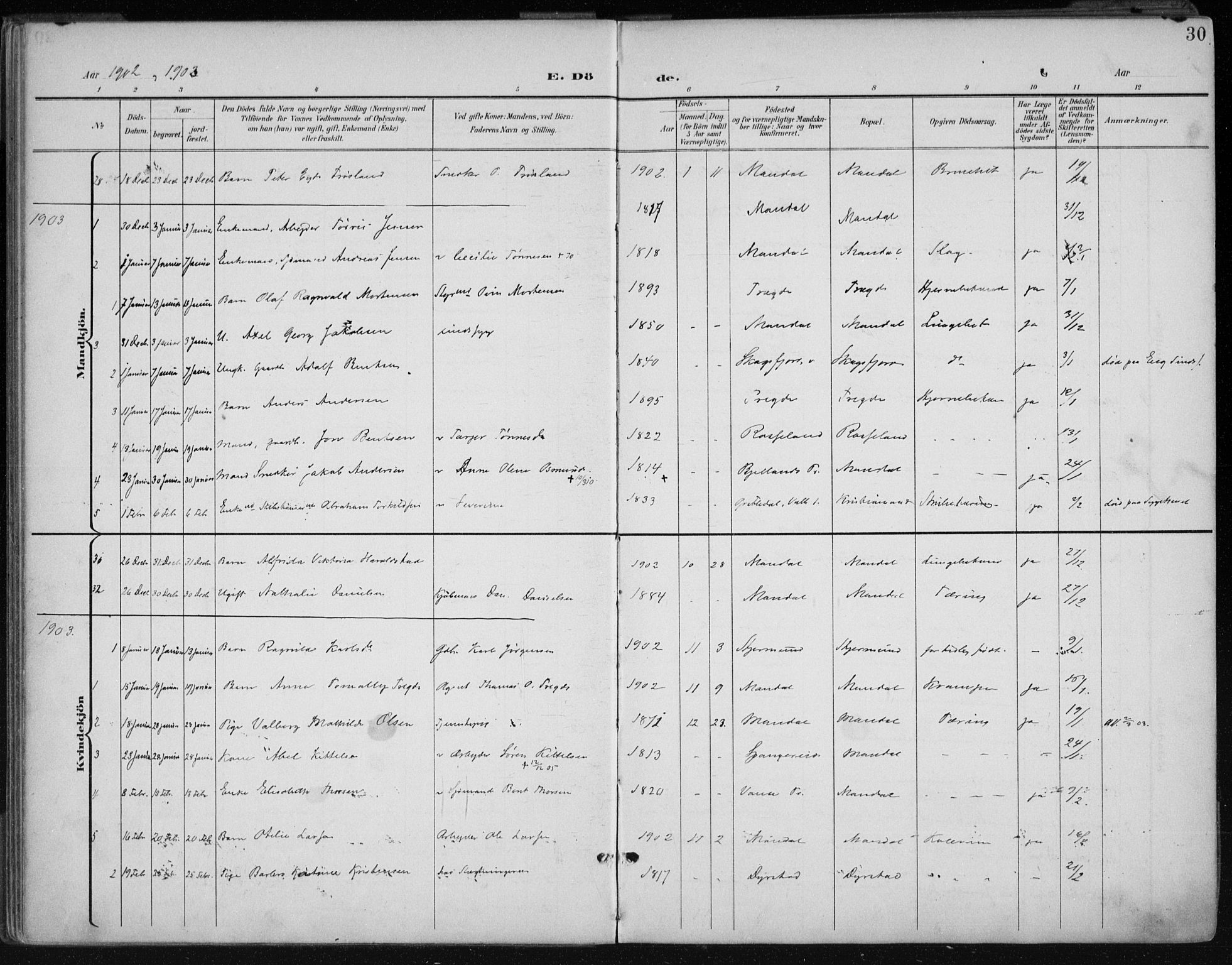 Mandal sokneprestkontor, AV/SAK-1111-0030/F/Fa/Faa/L0021: Parish register (official) no. A 21, 1898-1913, p. 30