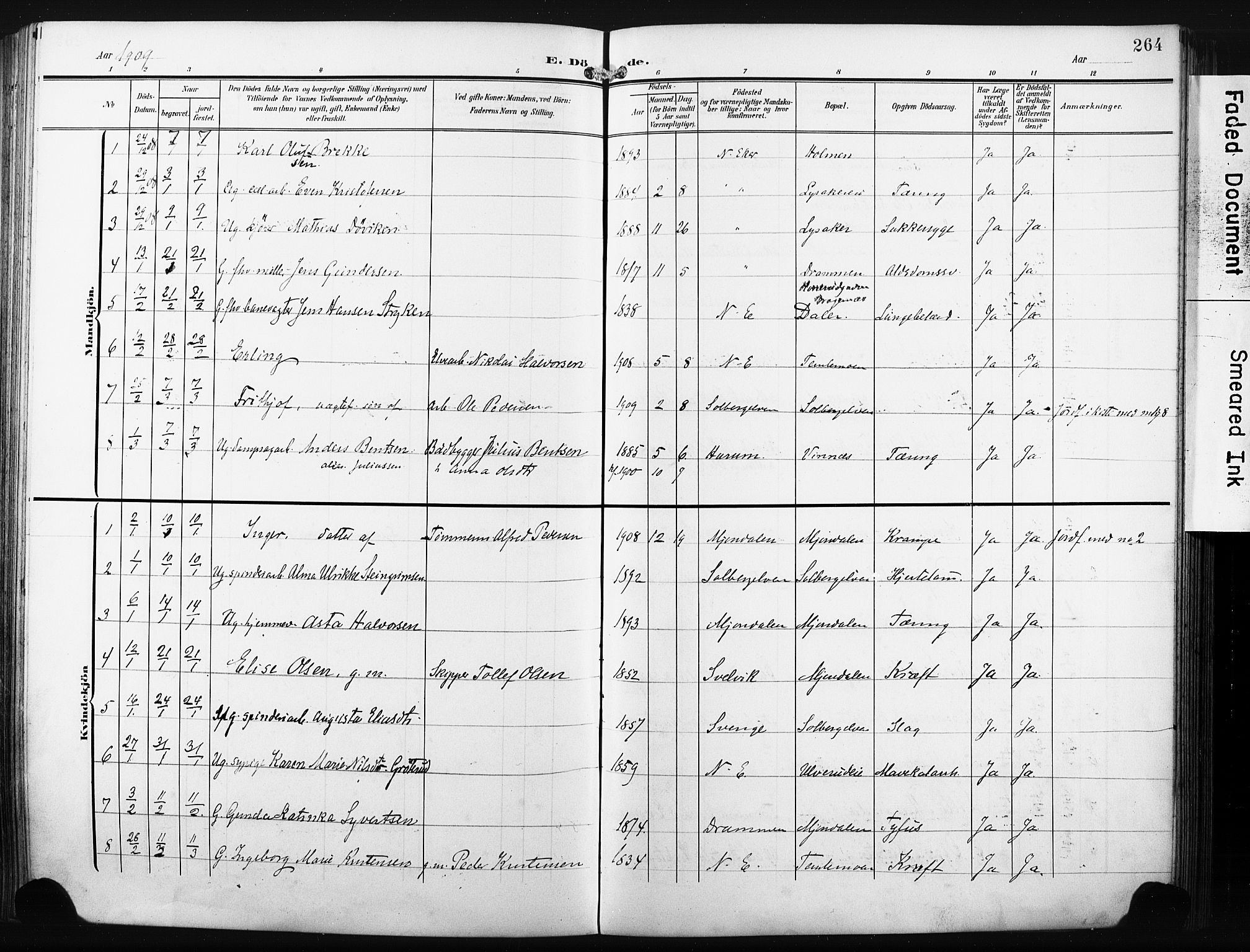 Nedre Eiker kirkebøker, SAKO/A-612/F/Fa/L0006: Parish register (official) no. 6, 1906-1912, p. 264