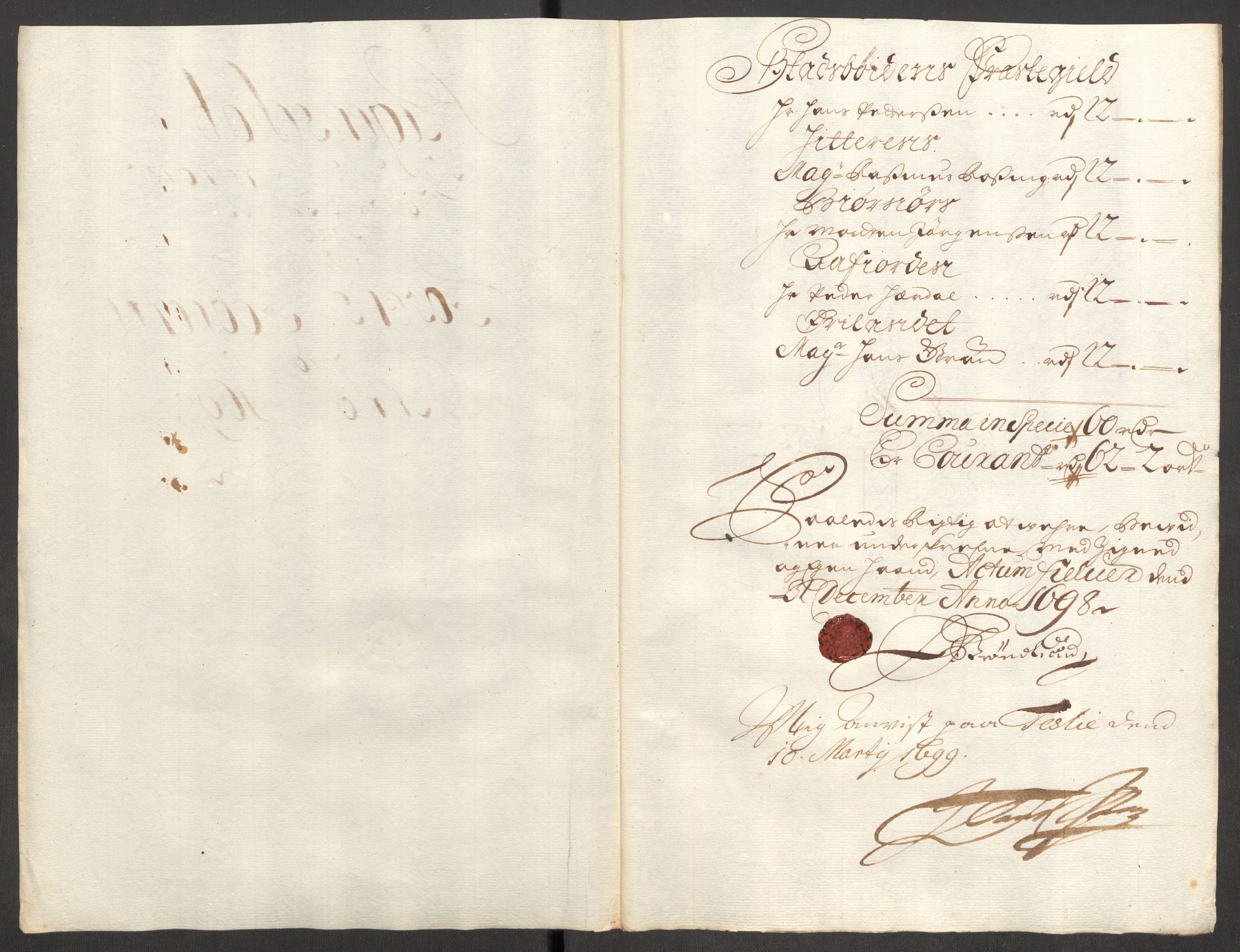 Rentekammeret inntil 1814, Reviderte regnskaper, Fogderegnskap, RA/EA-4092/R57/L3853: Fogderegnskap Fosen, 1698-1699, p. 145