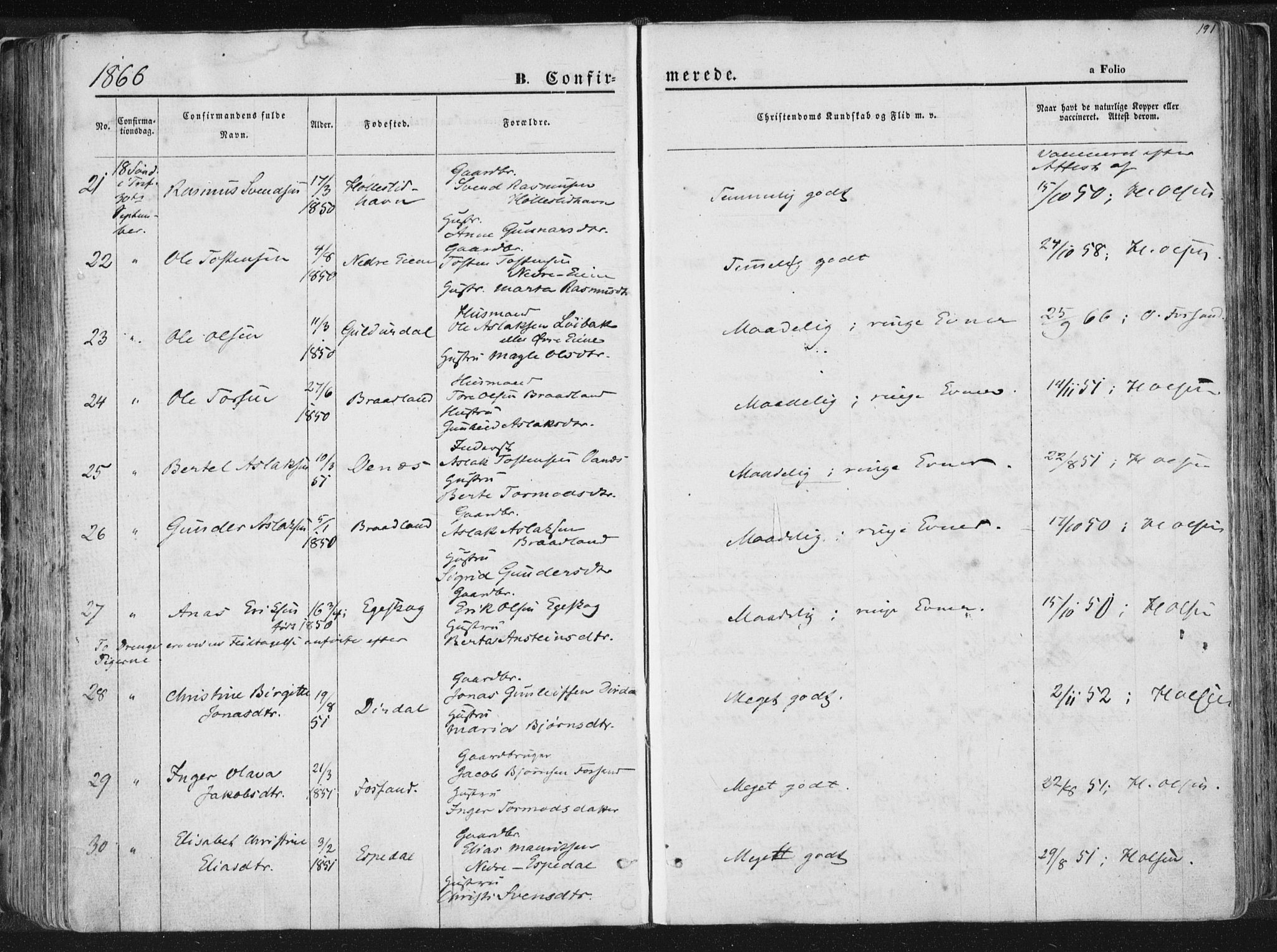 Høgsfjord sokneprestkontor, AV/SAST-A-101624/H/Ha/Haa/L0001: Parish register (official) no. A 1, 1854-1875, p. 191