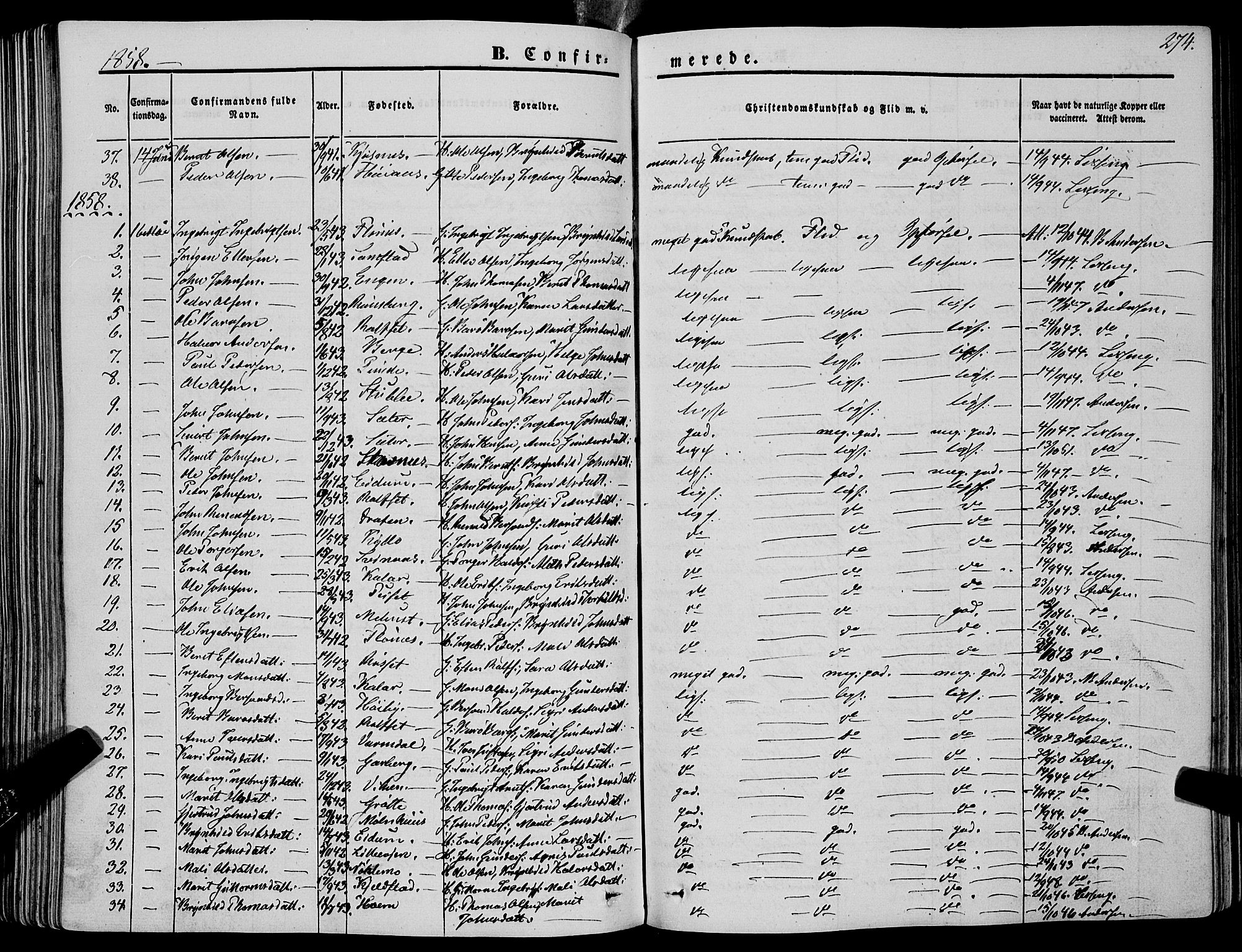 Ministerialprotokoller, klokkerbøker og fødselsregistre - Sør-Trøndelag, AV/SAT-A-1456/695/L1145: Parish register (official) no. 695A06 /1, 1843-1859, p. 274