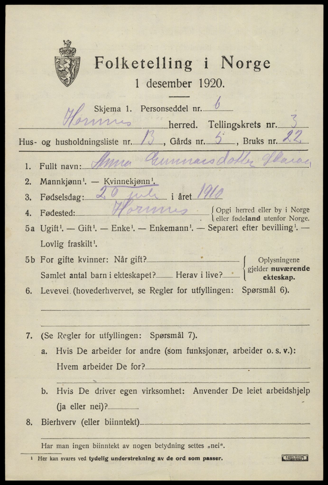 SAK, 1920 census for Hornnes, 1920, p. 953