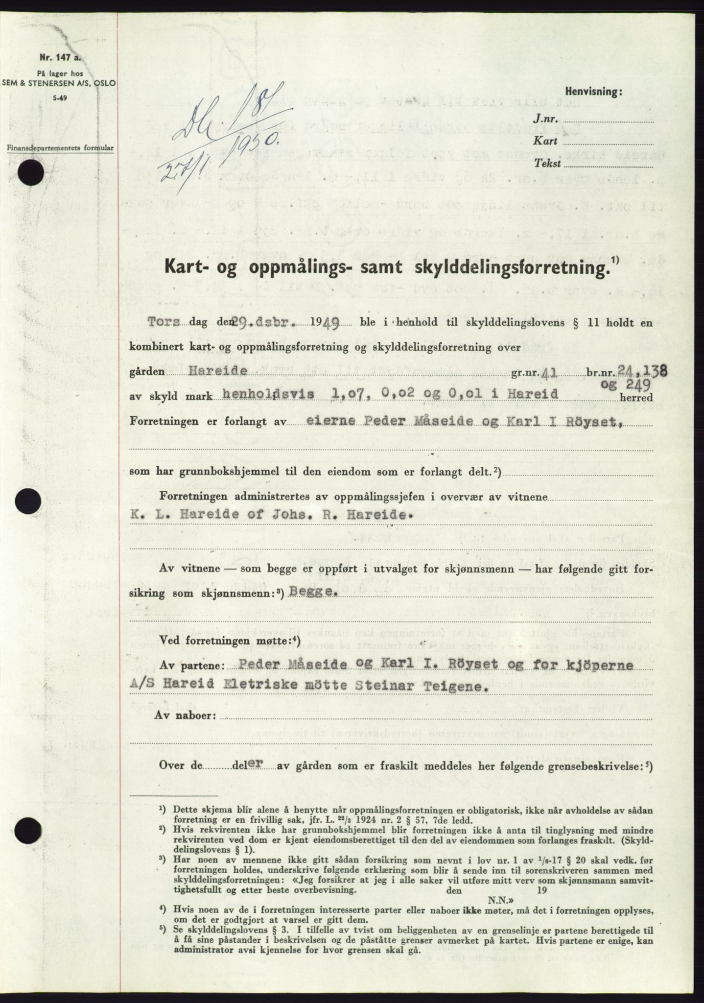 Søre Sunnmøre sorenskriveri, AV/SAT-A-4122/1/2/2C/L0086: Mortgage book no. 12A, 1949-1950, Diary no: : 181/1950