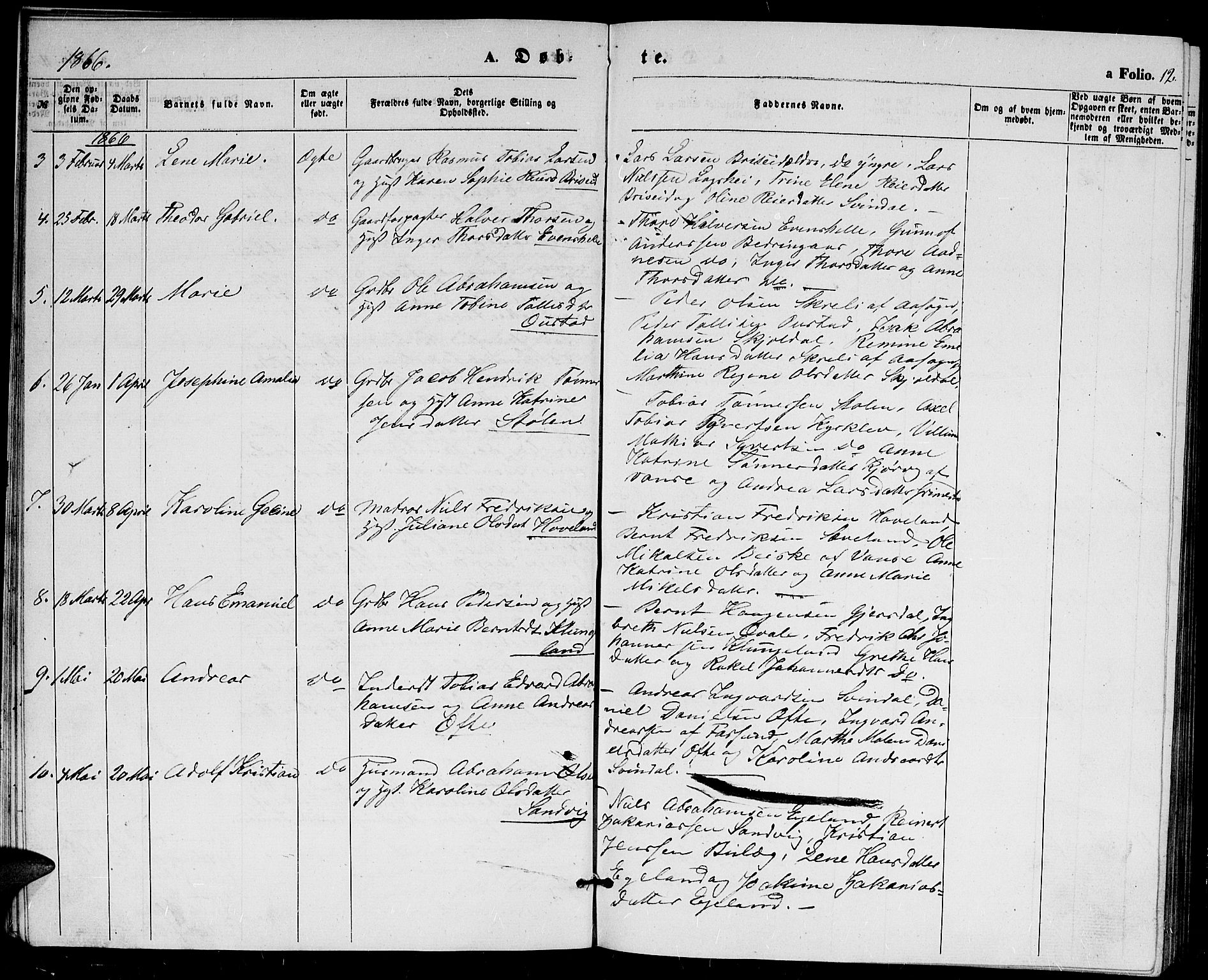 Herad sokneprestkontor, AV/SAK-1111-0018/F/Fb/Fba/L0003: Parish register (copy) no. B 3, 1863-1883, p. 12