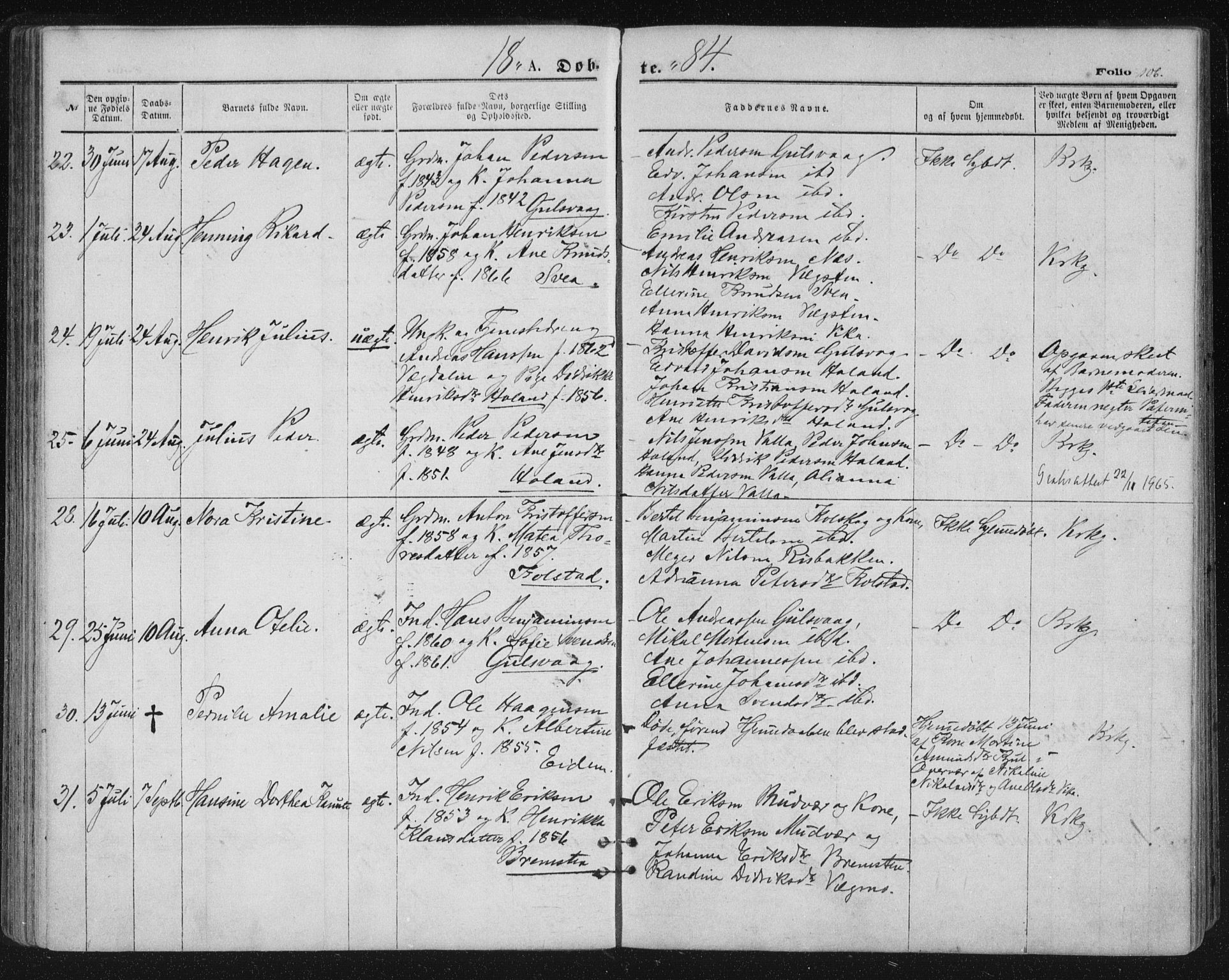 Ministerialprotokoller, klokkerbøker og fødselsregistre - Nordland, SAT/A-1459/816/L0241: Parish register (official) no. 816A07, 1870-1885, p. 106