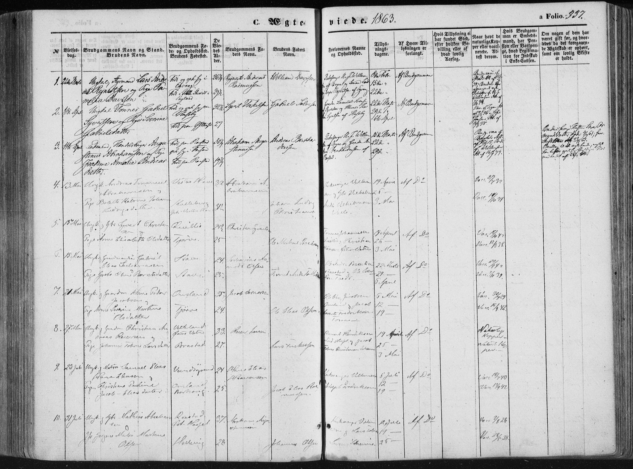 Lista sokneprestkontor, AV/SAK-1111-0027/F/Fa/L0011: Parish register (official) no. A 11, 1861-1878, p. 337