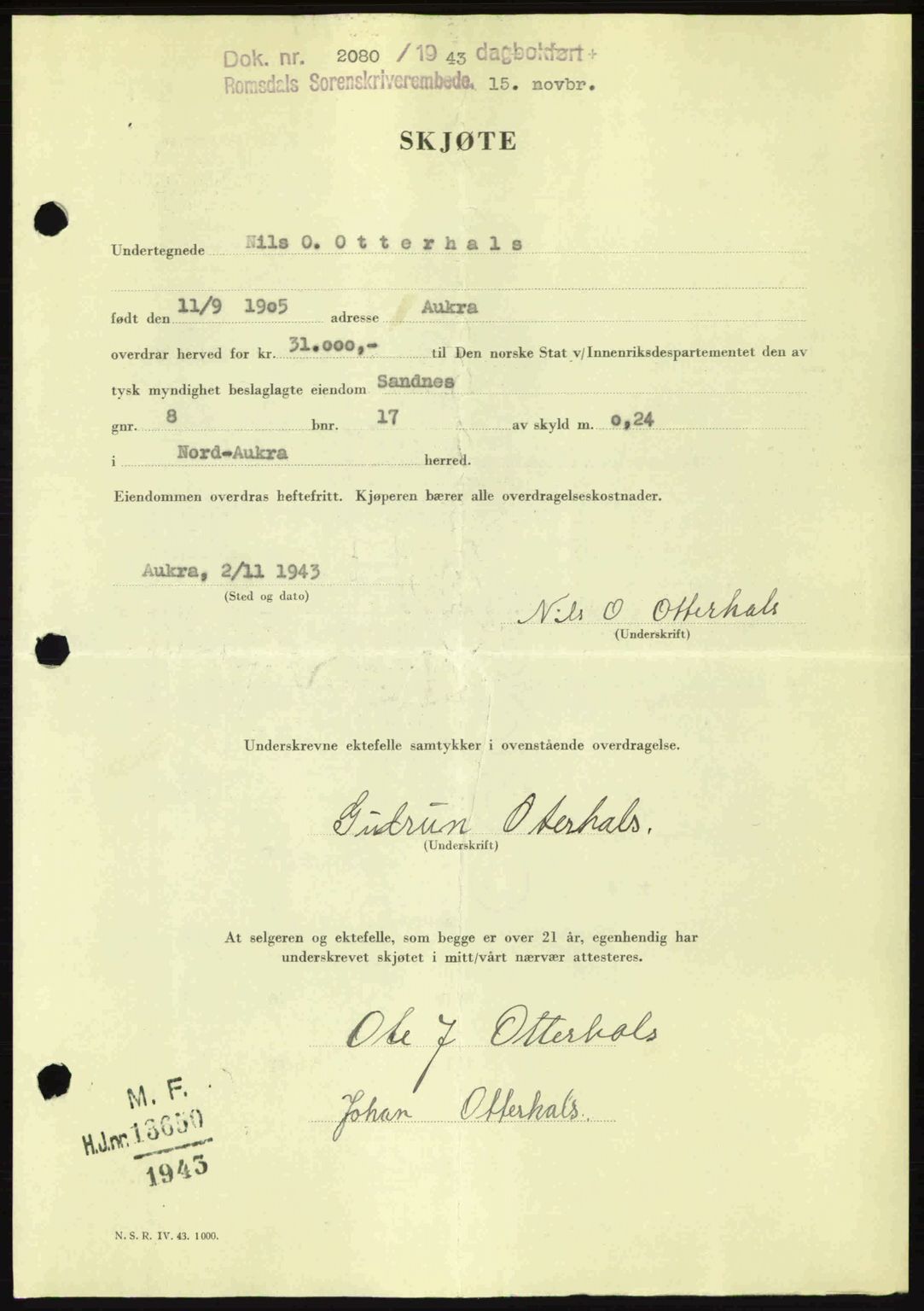 Romsdal sorenskriveri, AV/SAT-A-4149/1/2/2C: Mortgage book no. A15, 1943-1944, Diary no: : 2080/1943