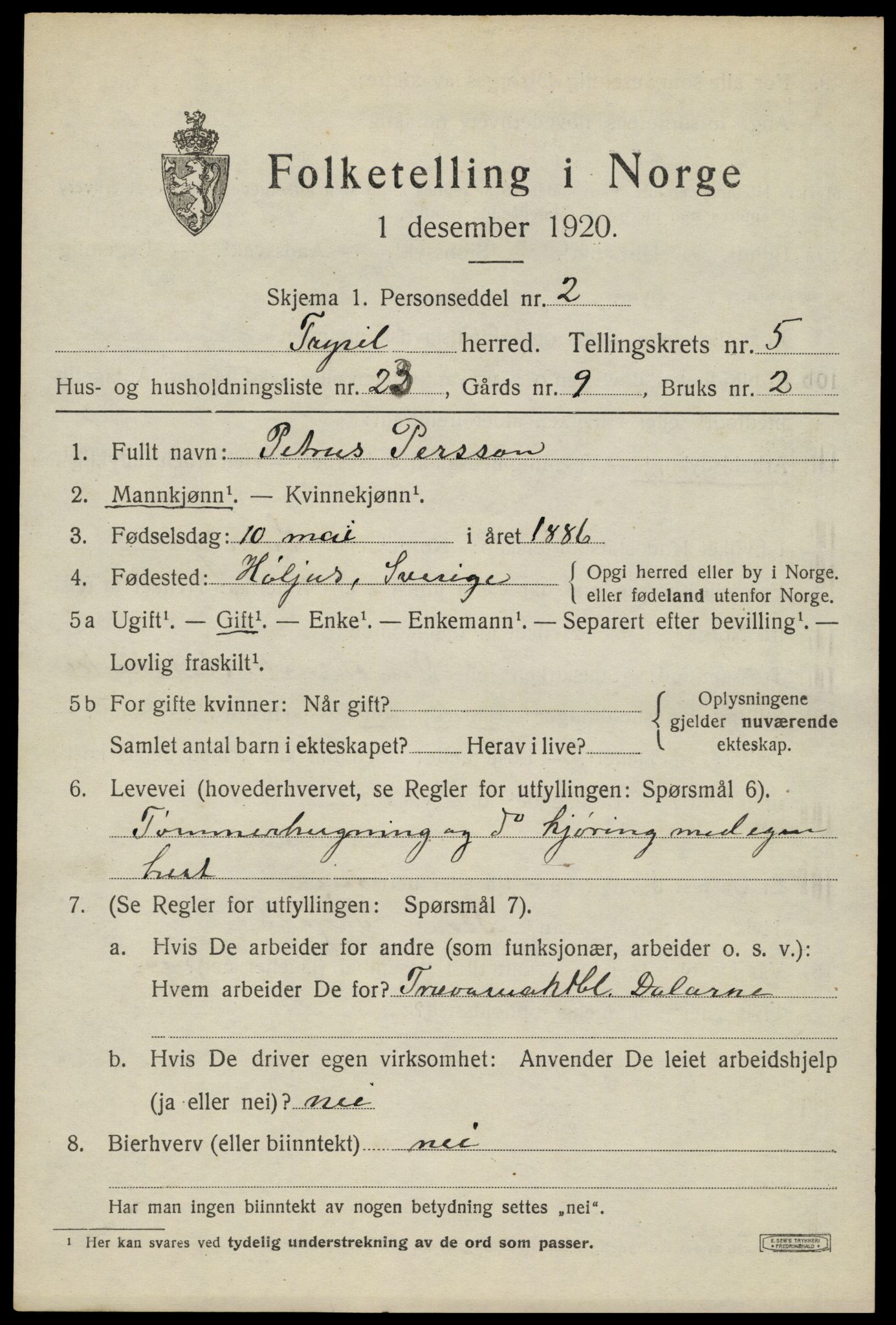 SAH, 1920 census for Trysil, 1920, p. 4515