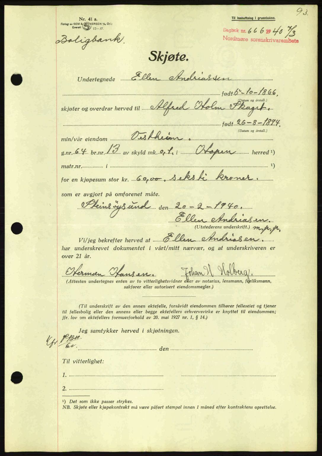 Nordmøre sorenskriveri, AV/SAT-A-4132/1/2/2Ca: Mortgage book no. A88, 1940-1940, Diary no: : 666/1940