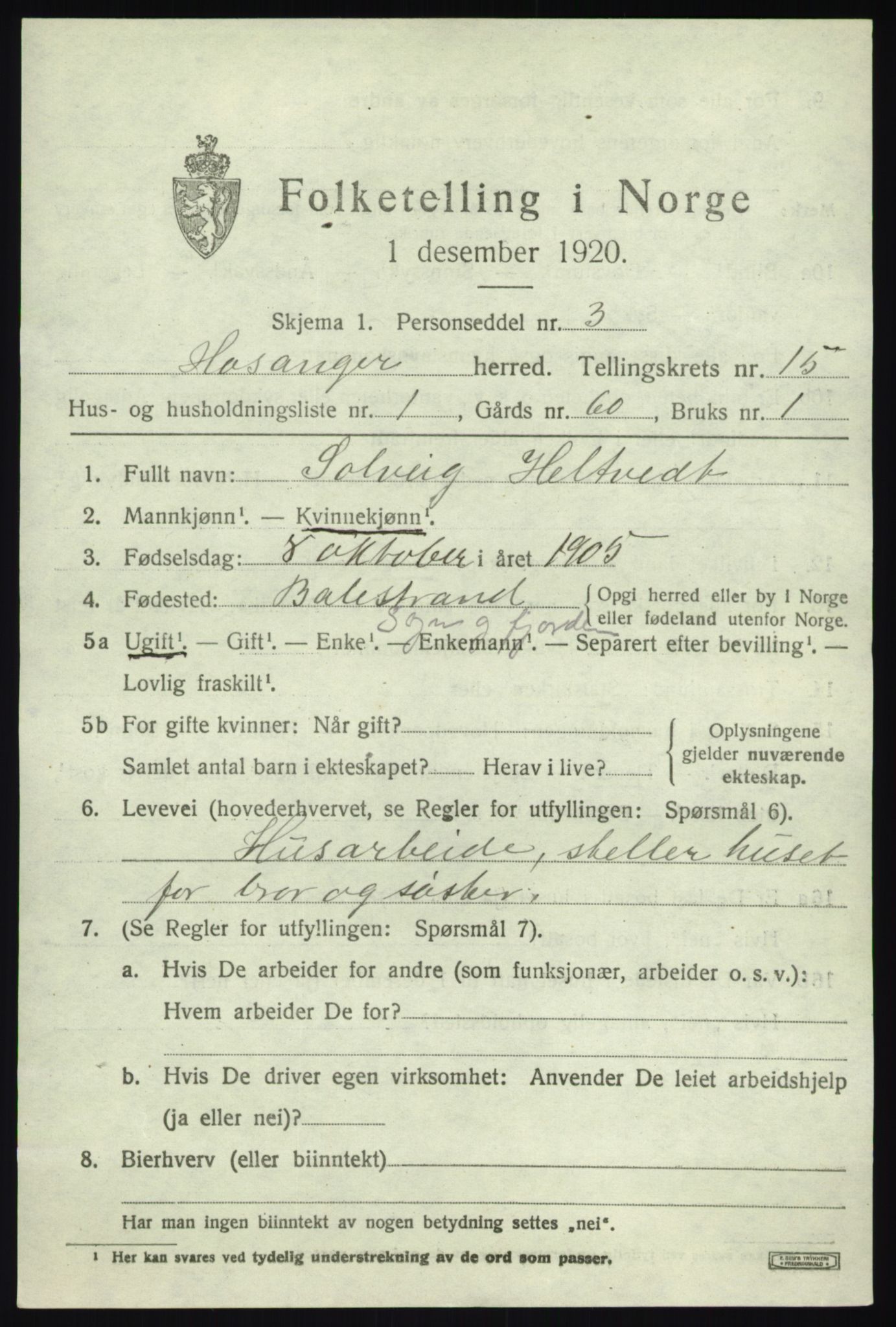 SAB, 1920 census for Hosanger, 1920, p. 5847