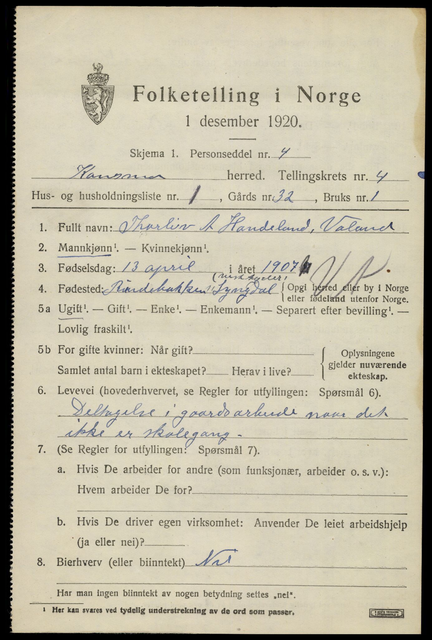 SAK, 1920 census for Konsmo, 1920, p. 1204