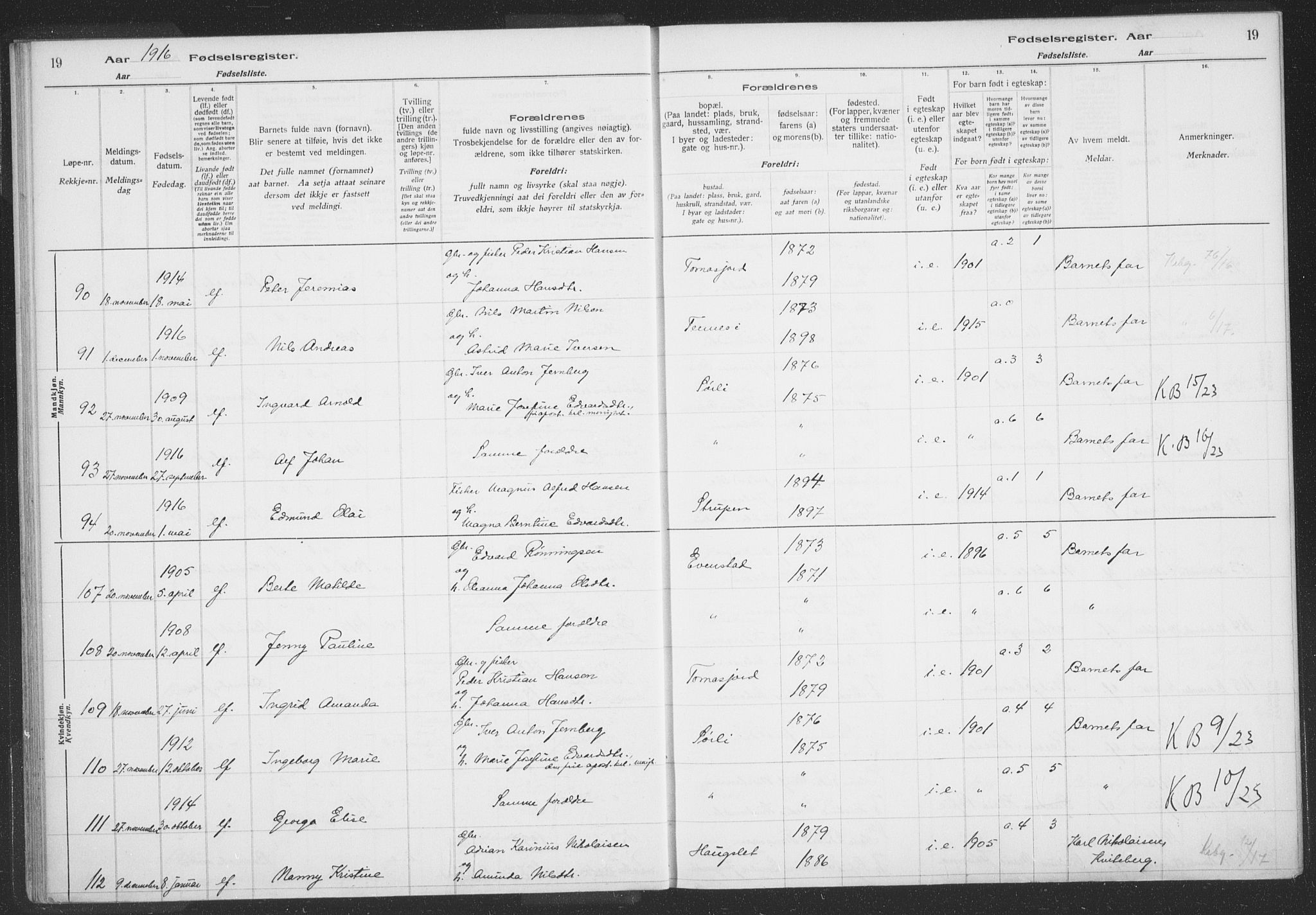 Balsfjord sokneprestembete, AV/SATØ-S-1303/H/Hb/L0059: Birth register no. 59, 1916-1930, p. 19