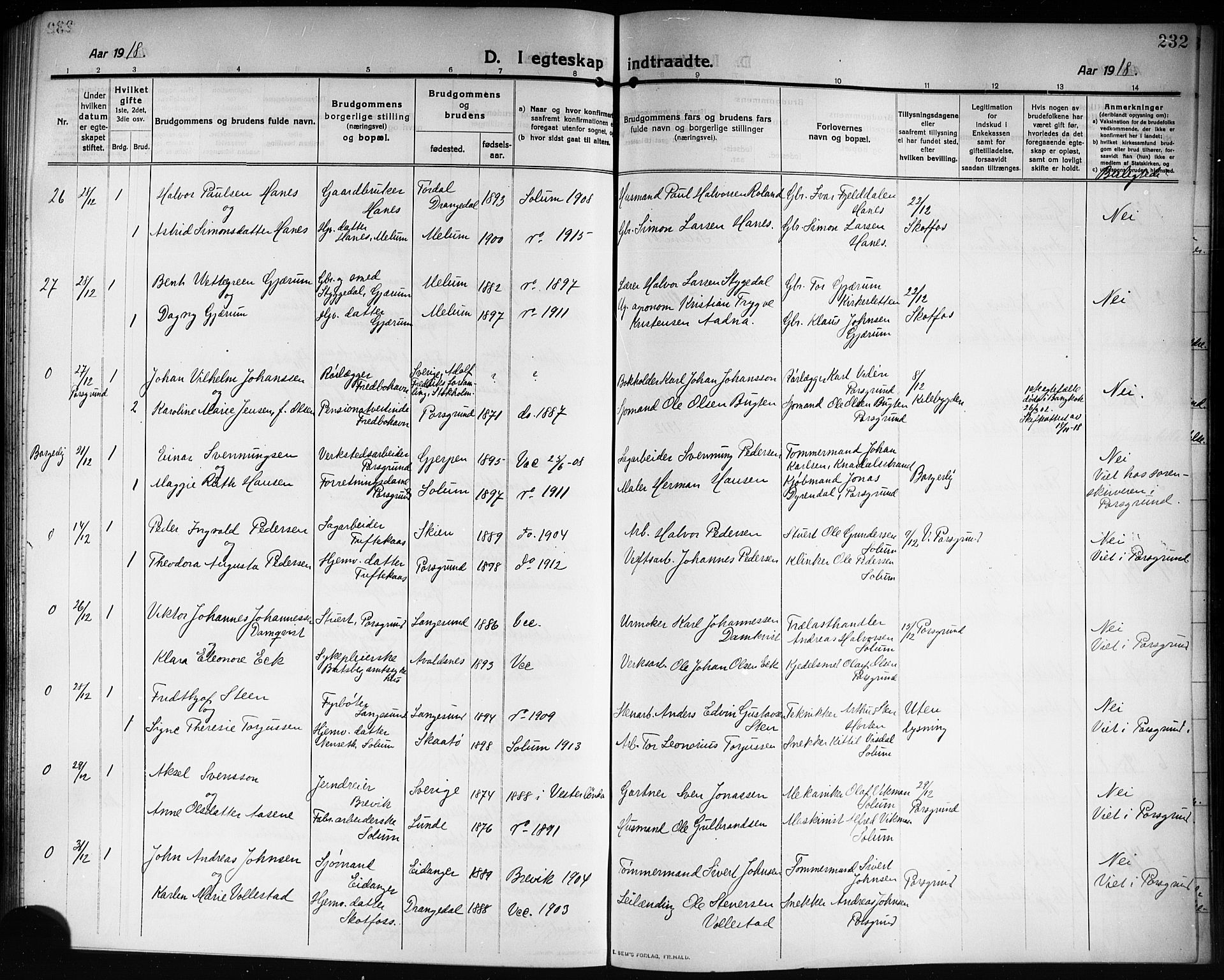 Solum kirkebøker, AV/SAKO-A-306/G/Ga/L0009: Parish register (copy) no. I 9, 1909-1922, p. 232