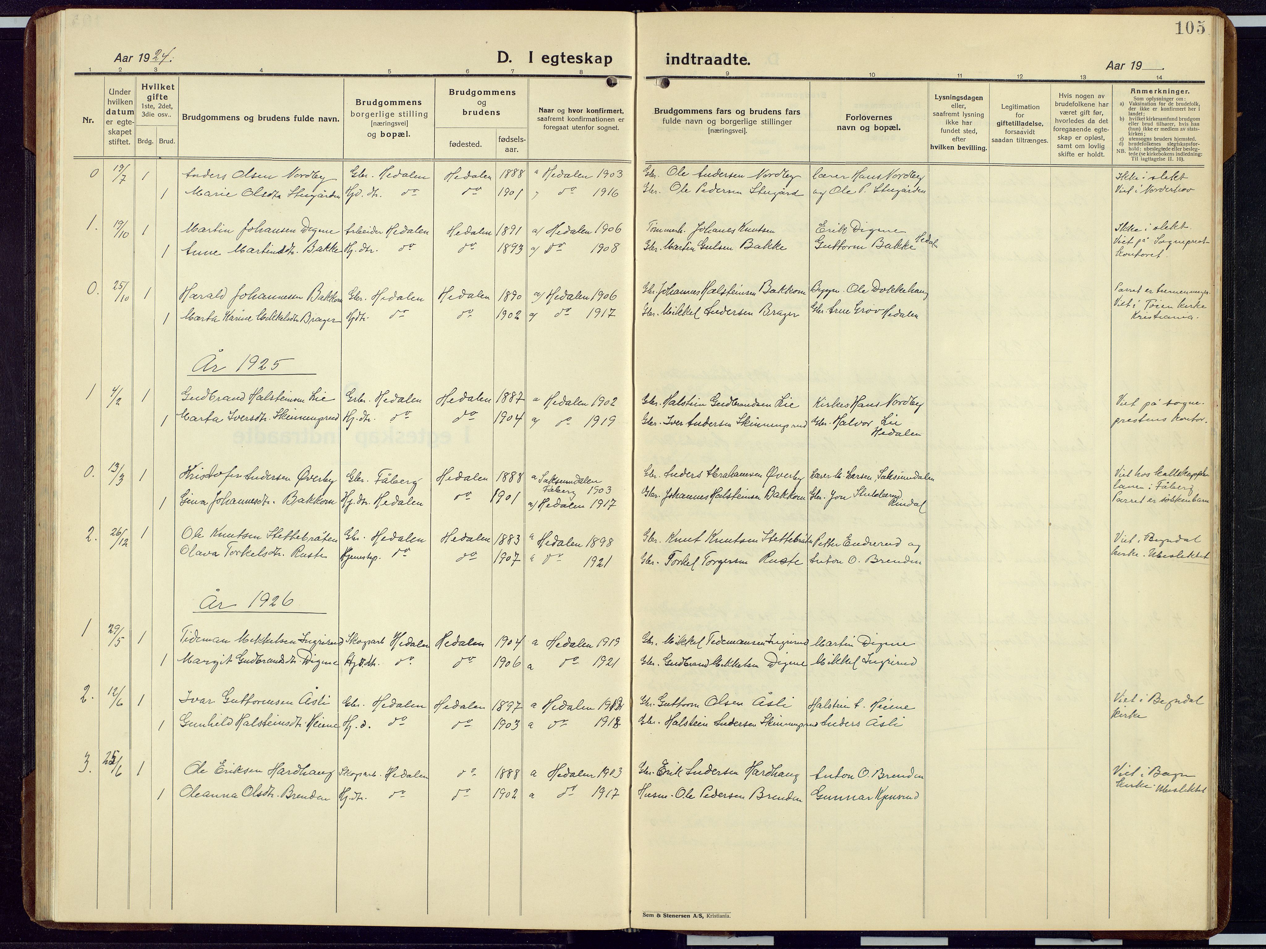 Sør-Aurdal prestekontor, SAH/PREST-128/H/Ha/Hab/L0012: Parish register (copy) no. 12, 1924-1956, p. 105