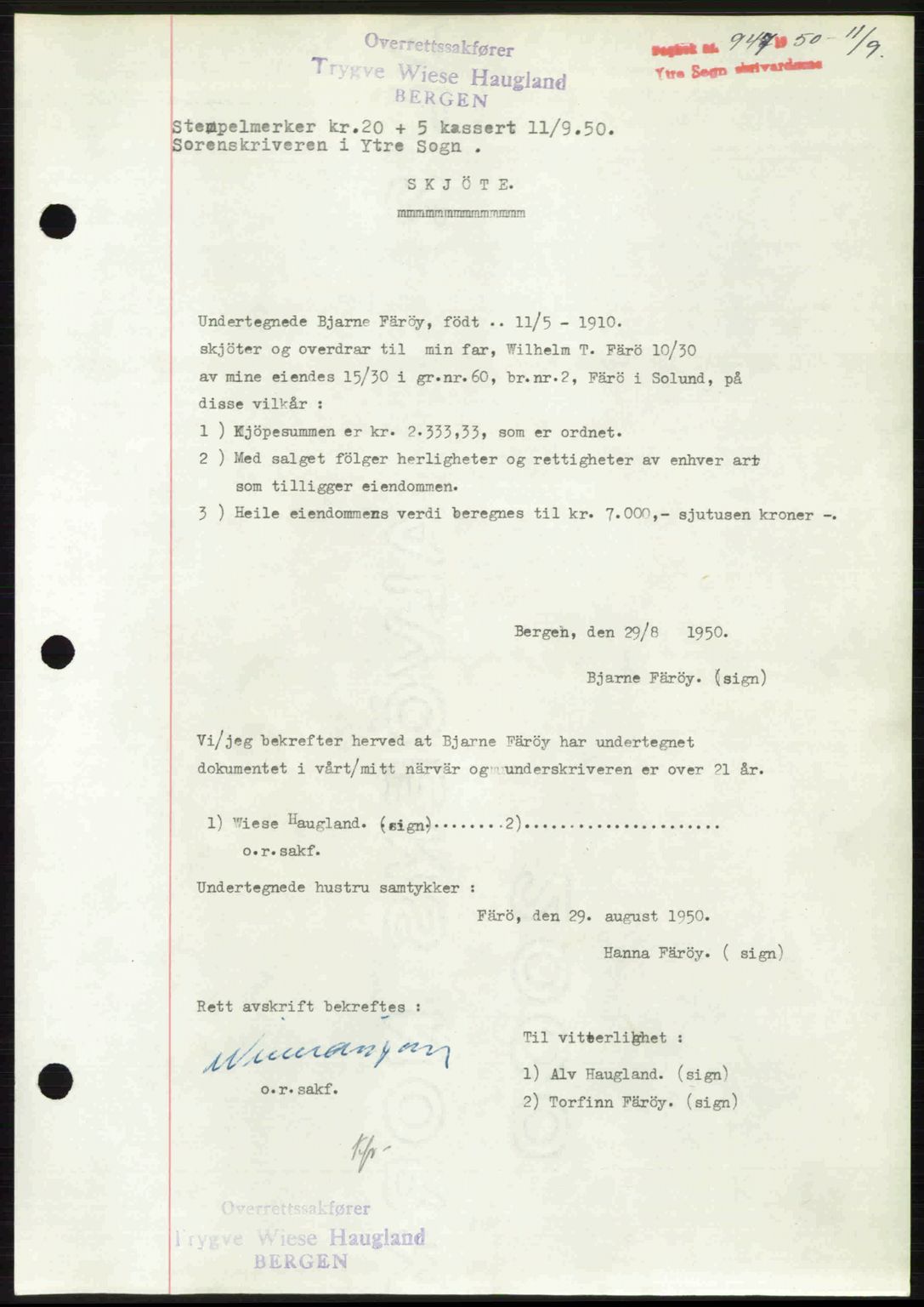 Ytre Sogn tingrett, SAB/A-2601/1/G/Gbb/L0009: Mortgage book no. A6 - A7 (B4), 1950-1950, Diary no: : 947/1950