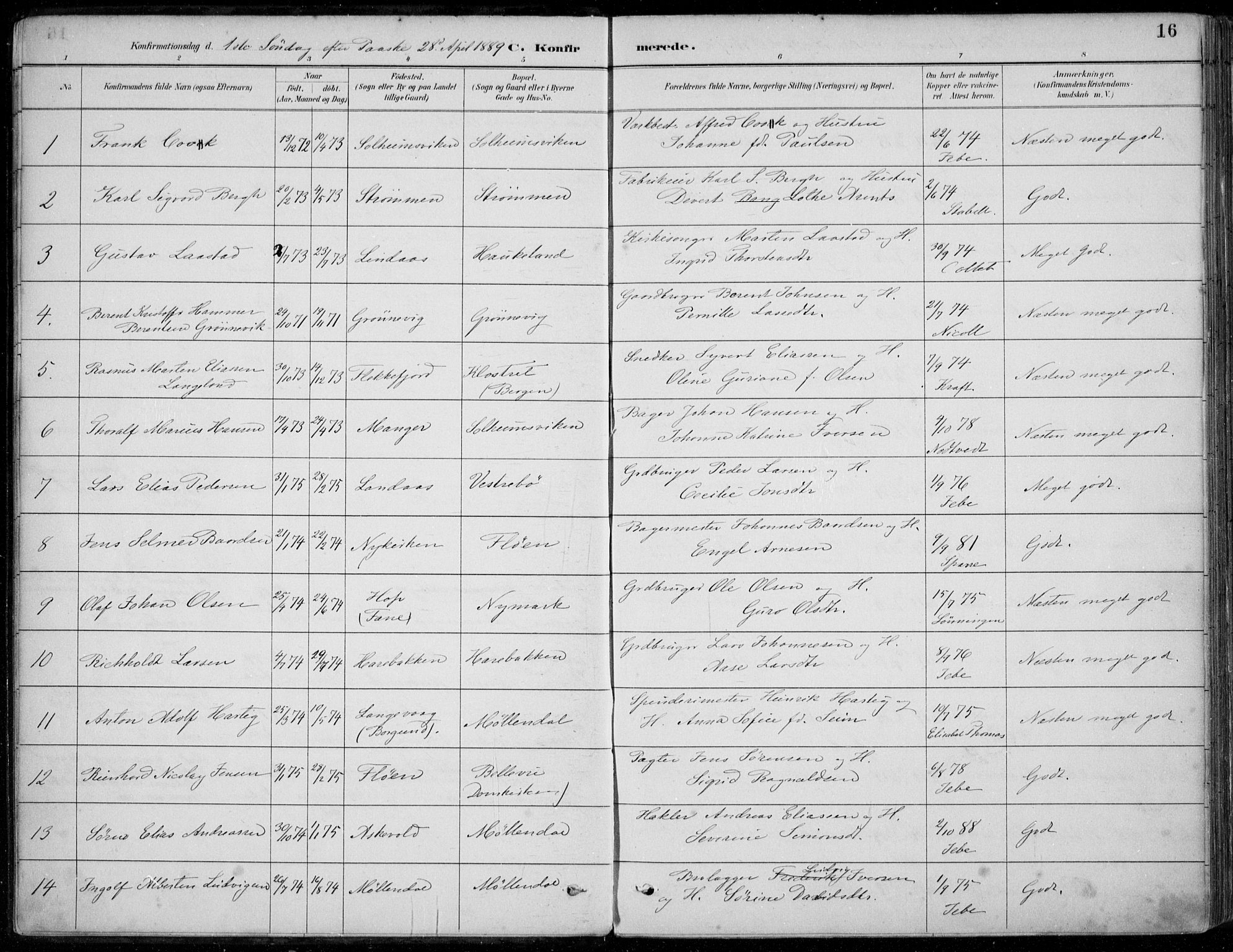Årstad Sokneprestembete, SAB/A-79301/H/Haa/L0006: Parish register (official) no. B 1, 1886-1901, p. 16
