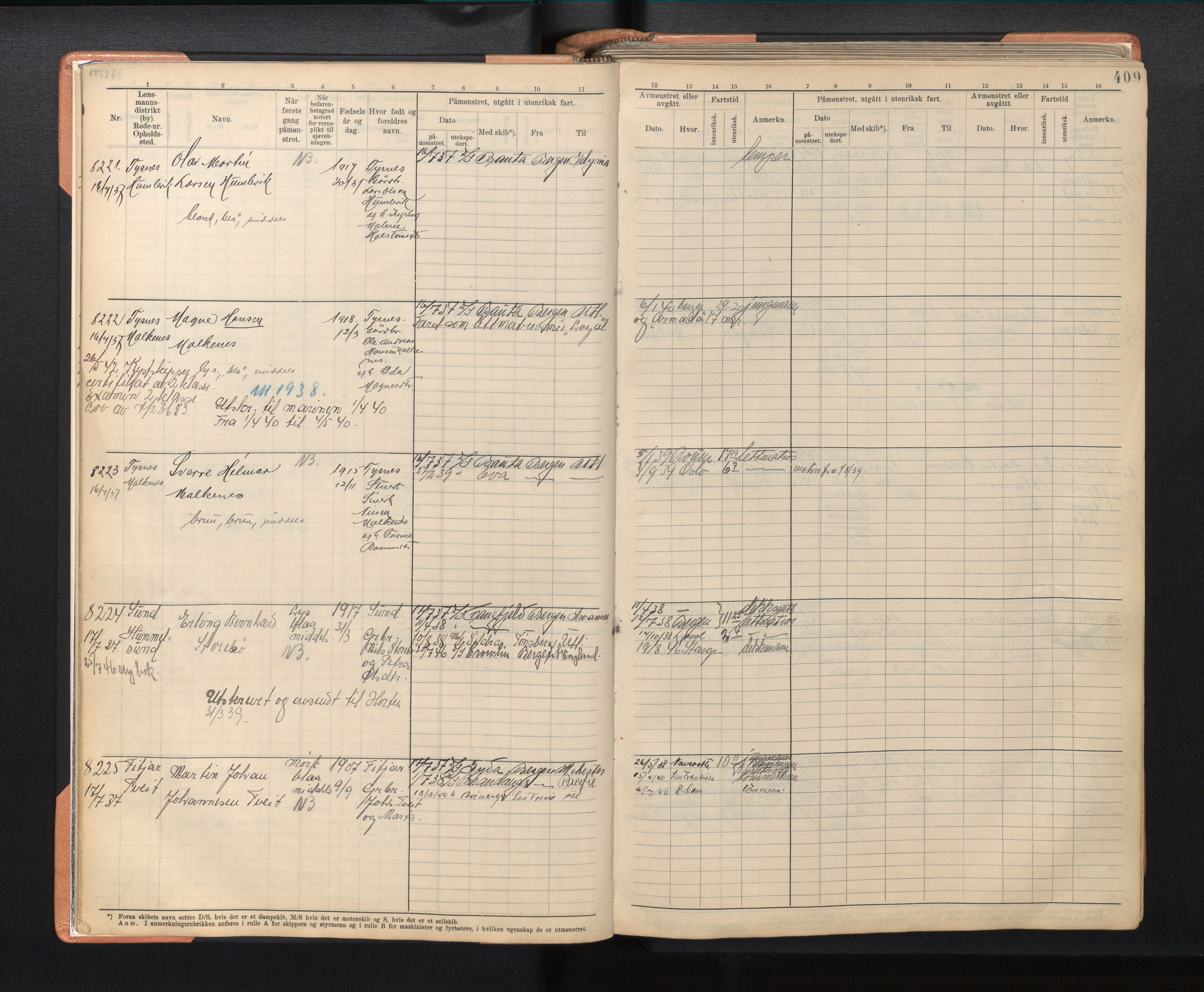 Innrulleringssjefen i Bergen, AV/SAB-A-100050/F/Fd/L0005: Sjøfartsrulle A9b, nr. 8166 - 10110, 1936-1940, p. 409
