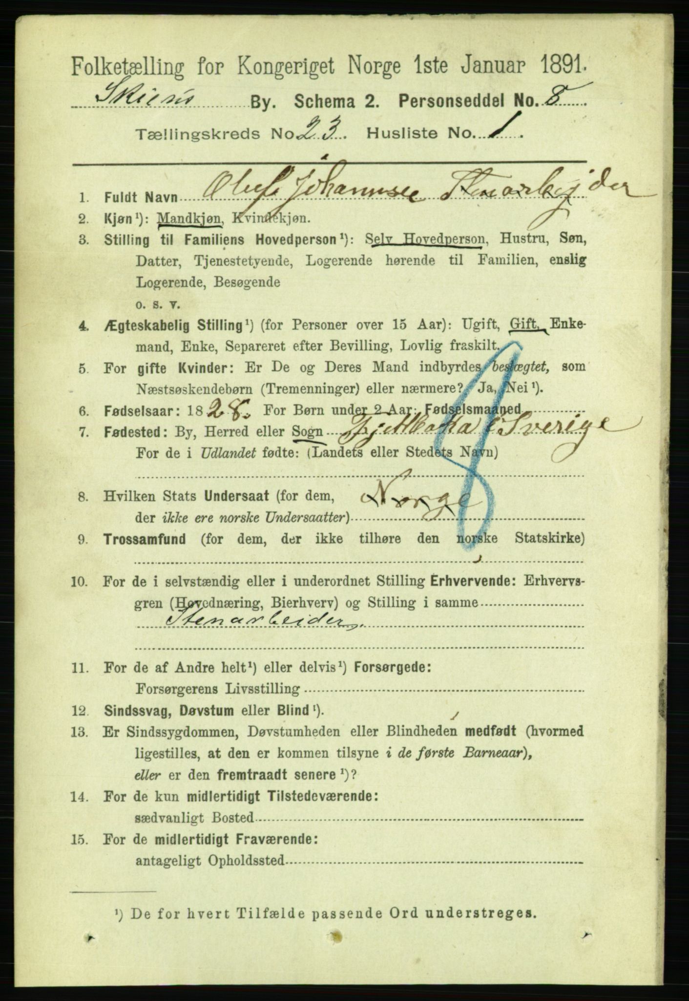 RA, 1891 census for 0806 Skien, 1891, p. 5822