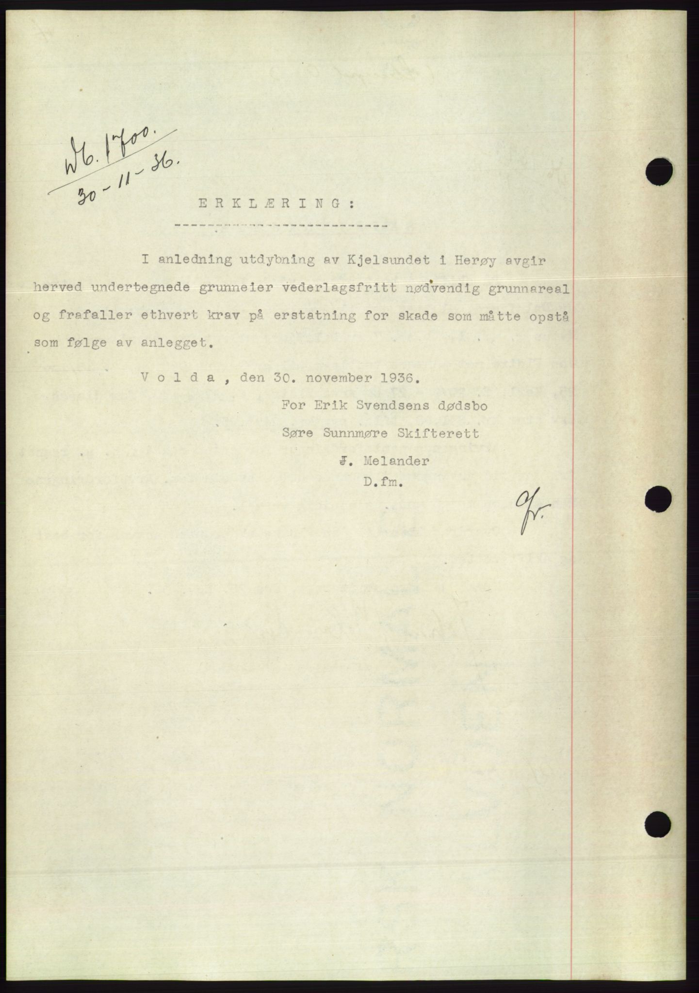 Søre Sunnmøre sorenskriveri, SAT/A-4122/1/2/2C/L0062: Mortgage book no. 56, 1936-1937, Diary no: : 1700/1936