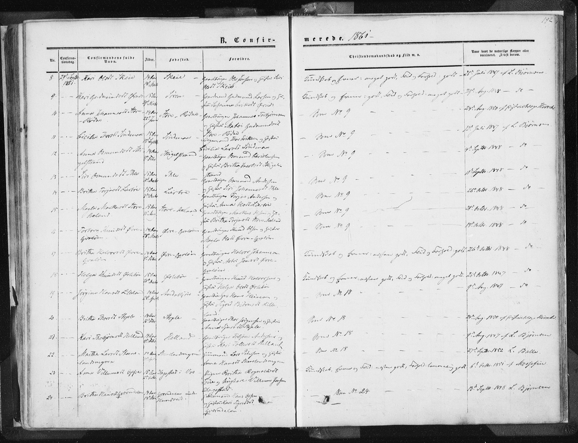 Vikedal sokneprestkontor, AV/SAST-A-101840/01/IV: Parish register (official) no. A 6.1, 1851-1867, p. 192