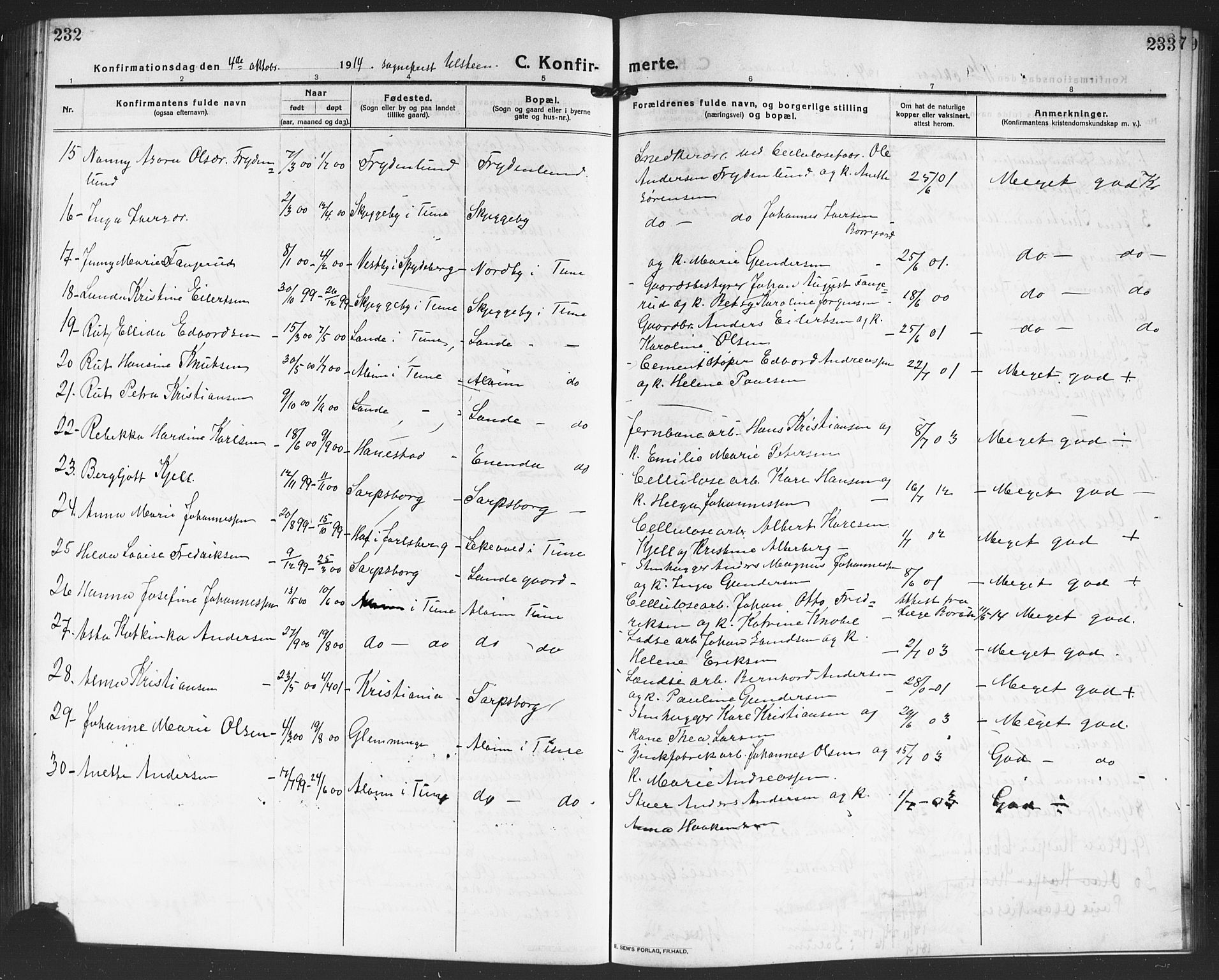 Tune prestekontor Kirkebøker, AV/SAO-A-2007/G/Ga/L0003: Parish register (copy) no. I 3, 1914-1919, p. 232-233