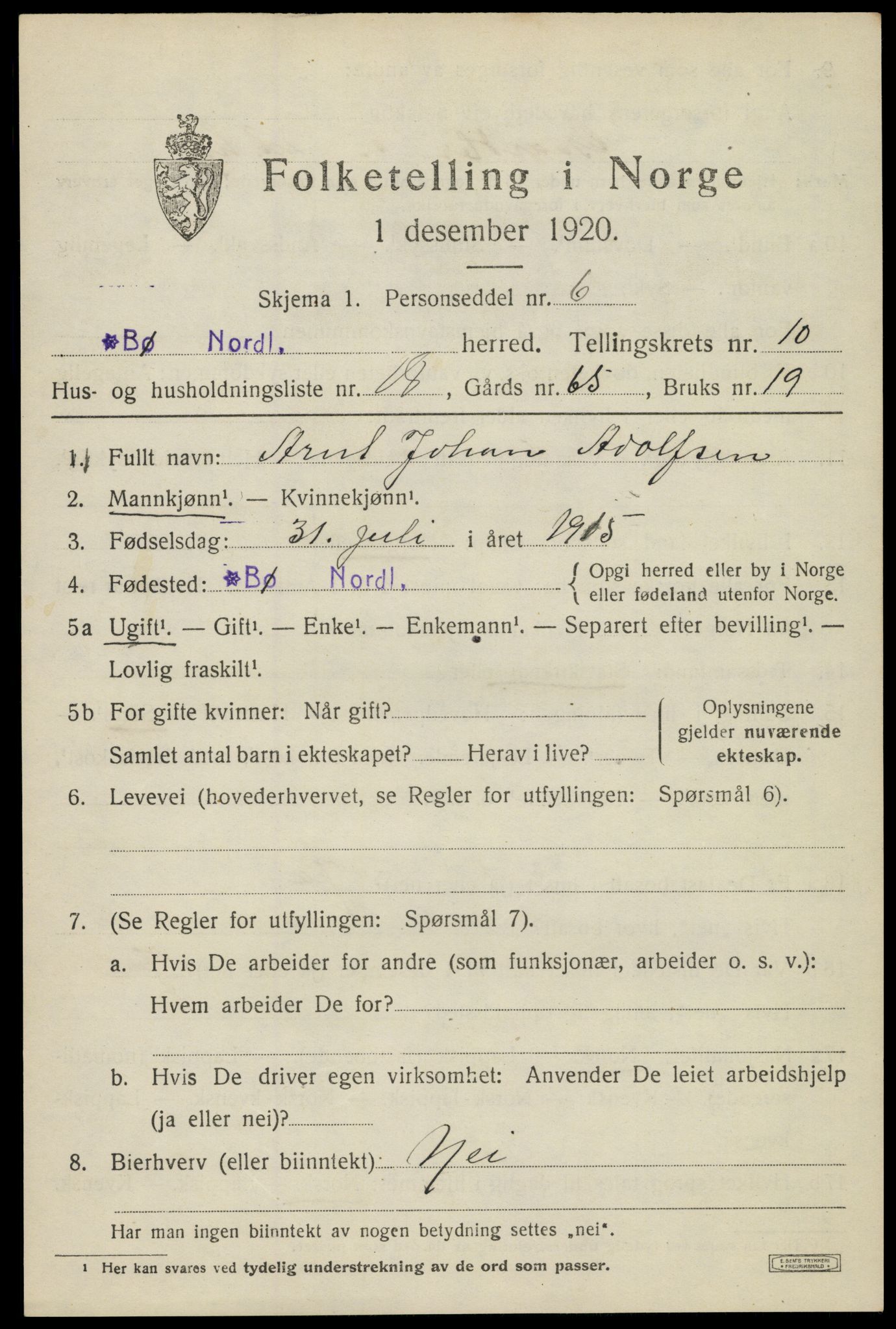 SAT, 1920 census for Bø, 1920, p. 8774