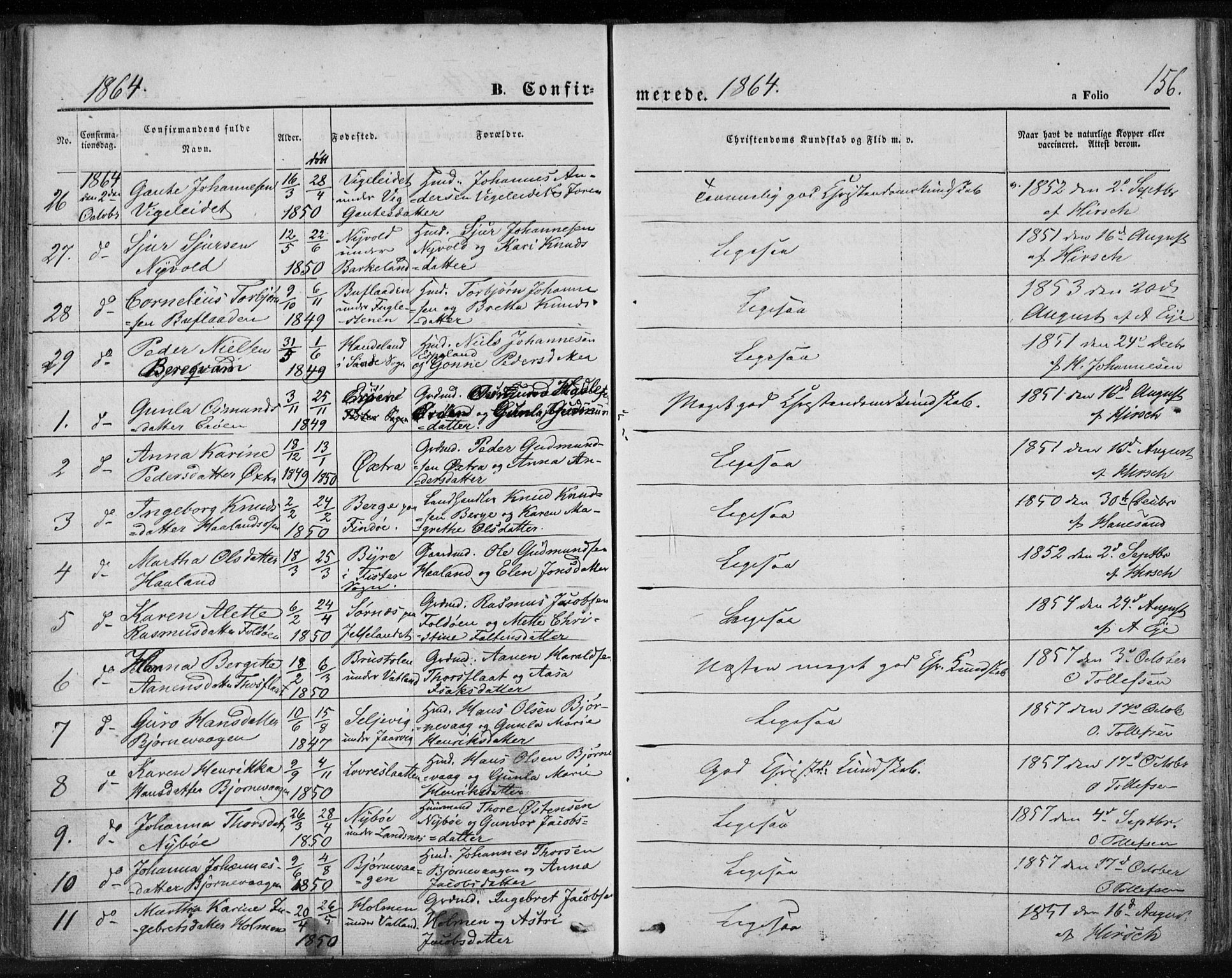 Jelsa sokneprestkontor, SAST/A-101842/01/IV: Parish register (official) no. A 7, 1854-1866, p. 156