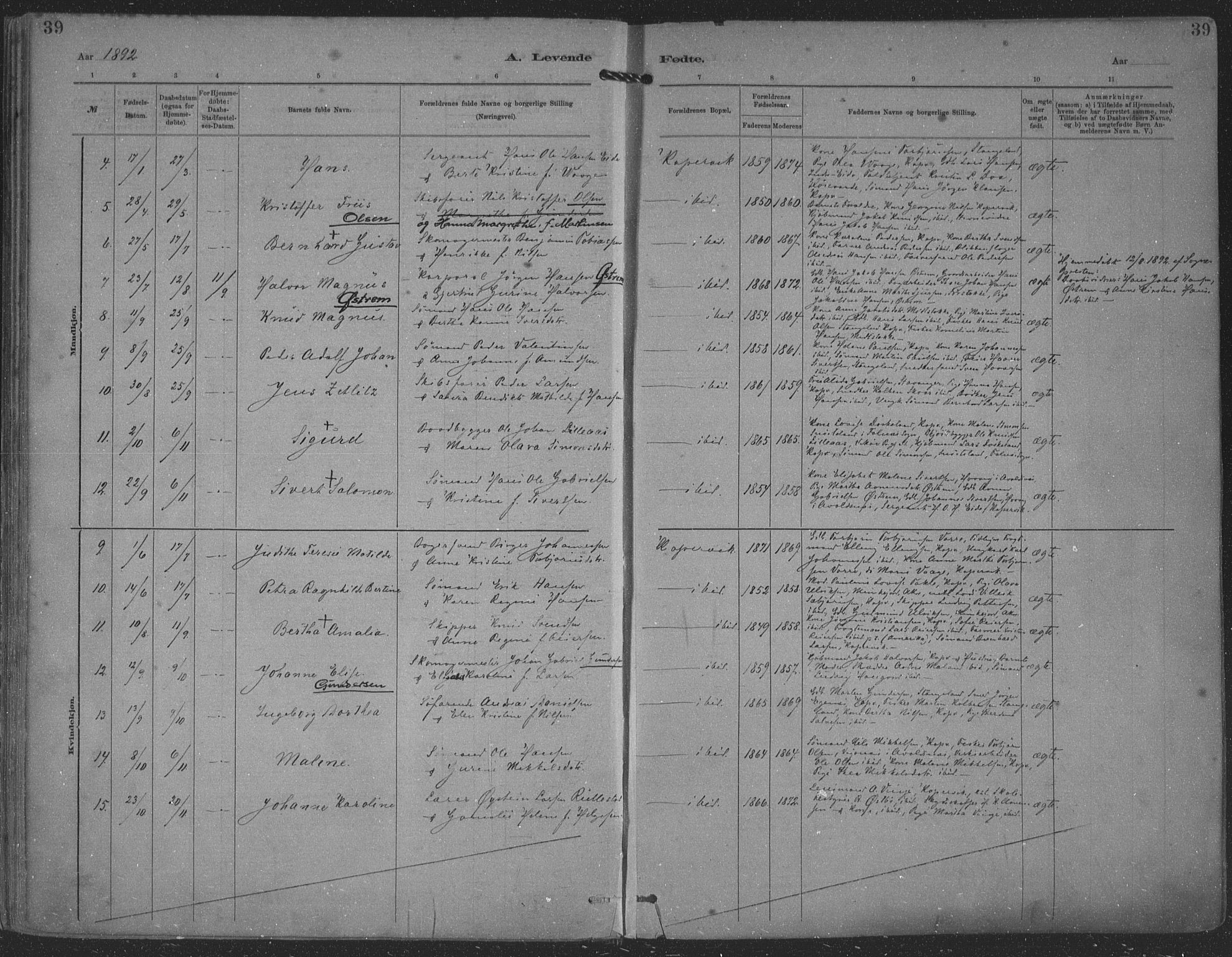 Kopervik sokneprestkontor, AV/SAST-A-101850/H/Ha/Haa/L0001: Parish register (official) no. A 1, 1880-1919, p. 39