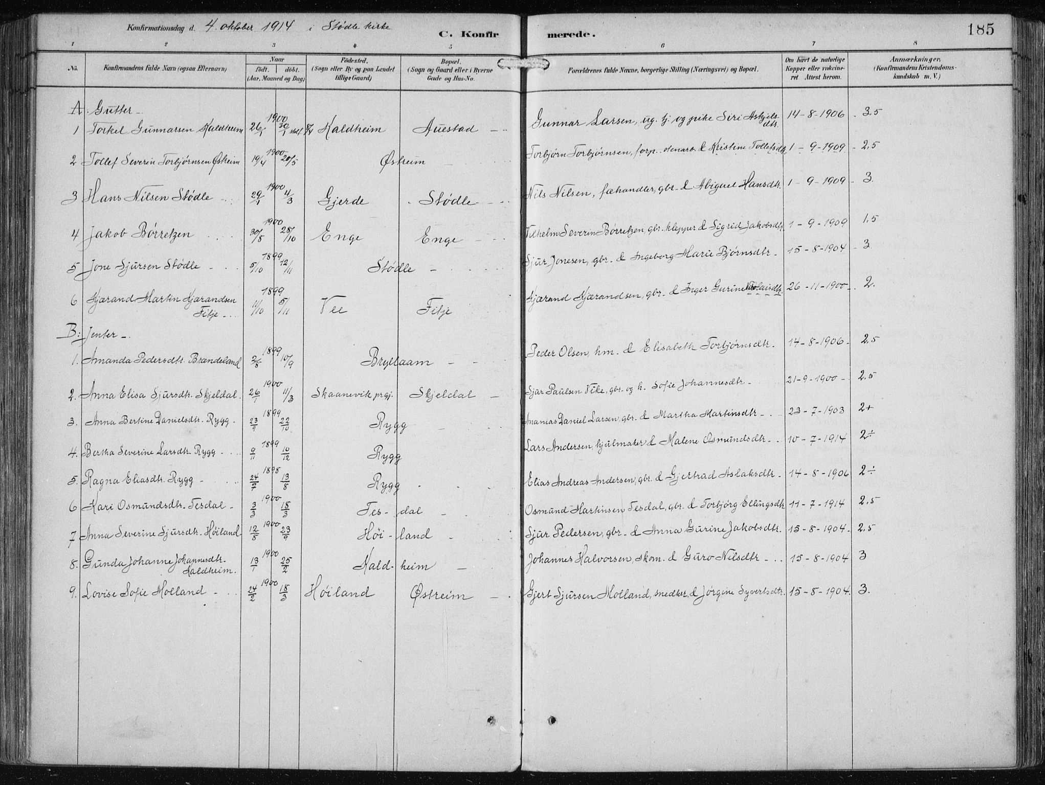 Etne sokneprestembete, SAB/A-75001/H/Haa: Parish register (official) no. B  1, 1879-1919, p. 185