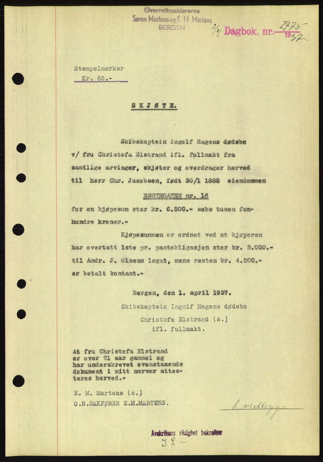 Byfogd og Byskriver i Bergen, SAB/A-3401/03/03Bc/L0004: Mortgage book no. A3-4, 1936-1937, Diary no: : 2475/1937
